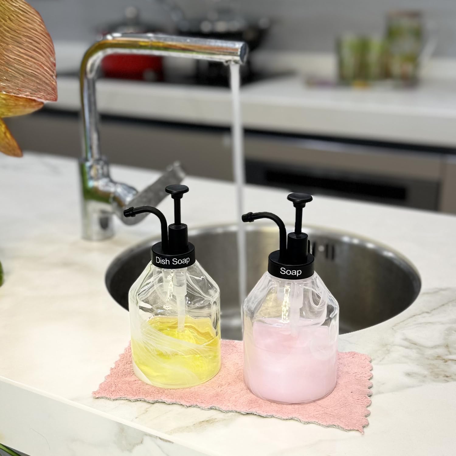 Suanti Bathroom Glass Soap Dispenser Set, 2 Pcs 375Ml/12.7 Oz Unique 3D Cloud Pattern Thick Glass Soap Bottle With Smooth Action