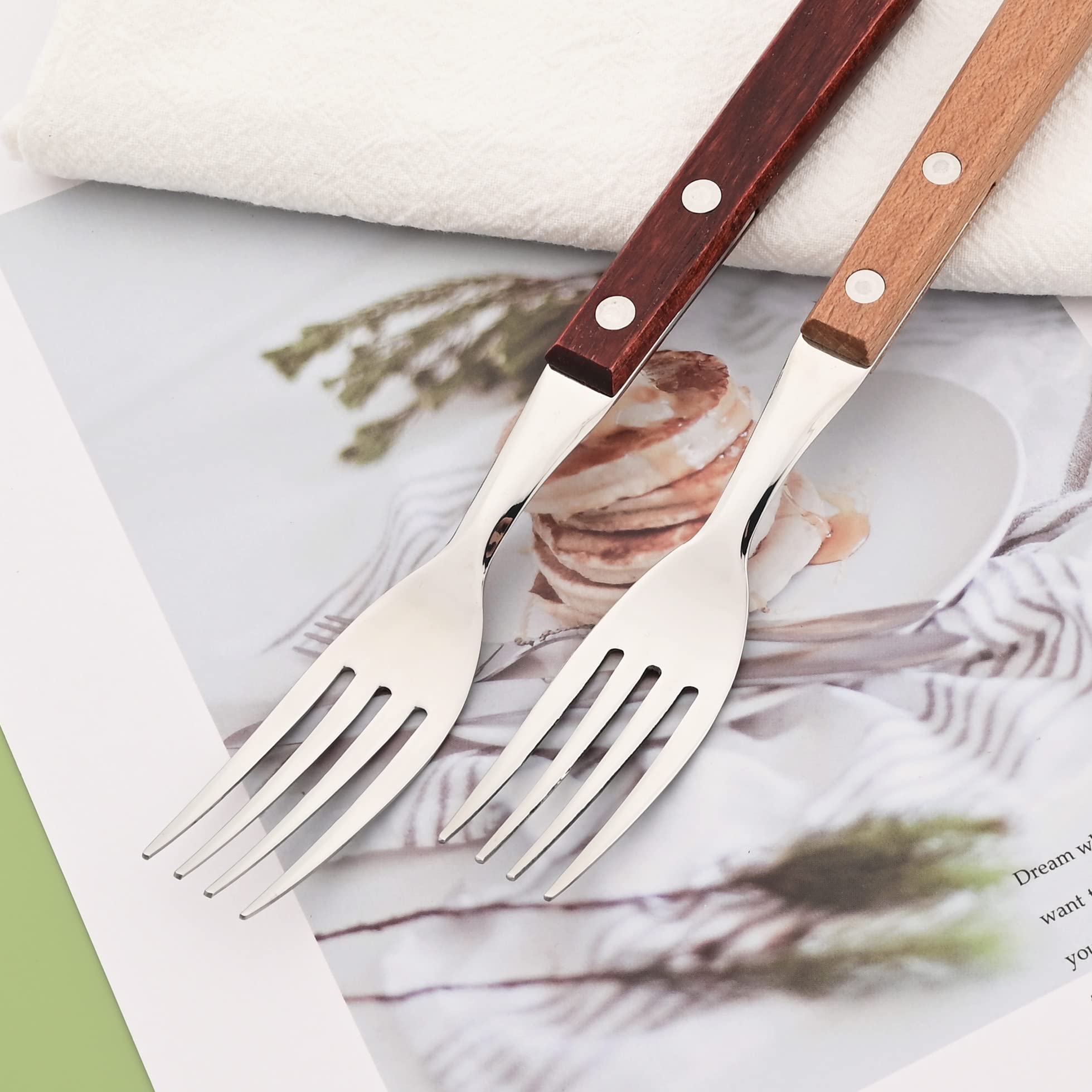 Uniturcky 8-Piece Dinner Forks Set, 304 Stainless Steel Forks With Natural Wood Handle, Reddishbrown Wood Handle Flatware, 7.9 I