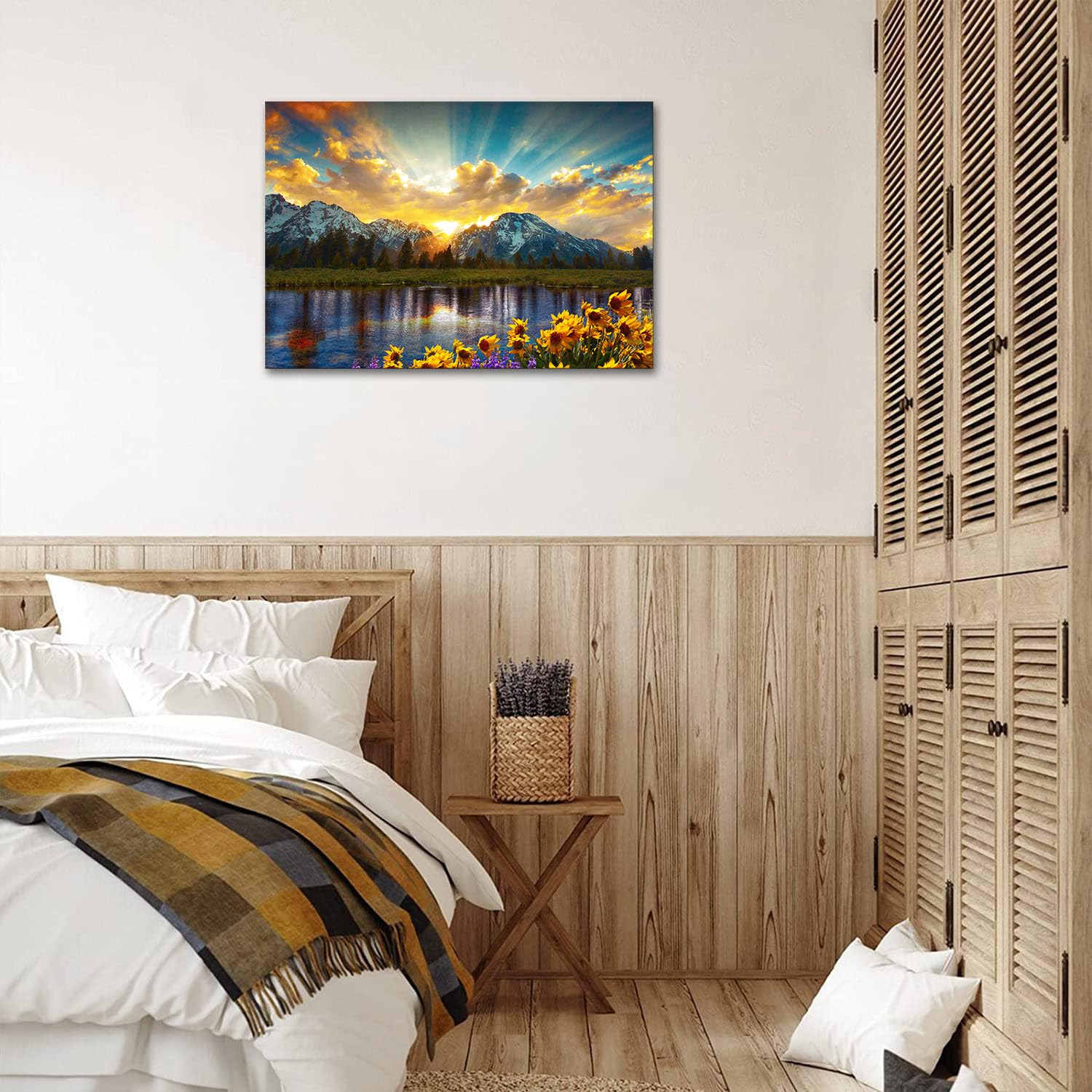 Skasnfai Grand Teton National Park Wall Art Sunflower Landscape Canvas Mountain Artwork Landscape Print For Living Room Framed (