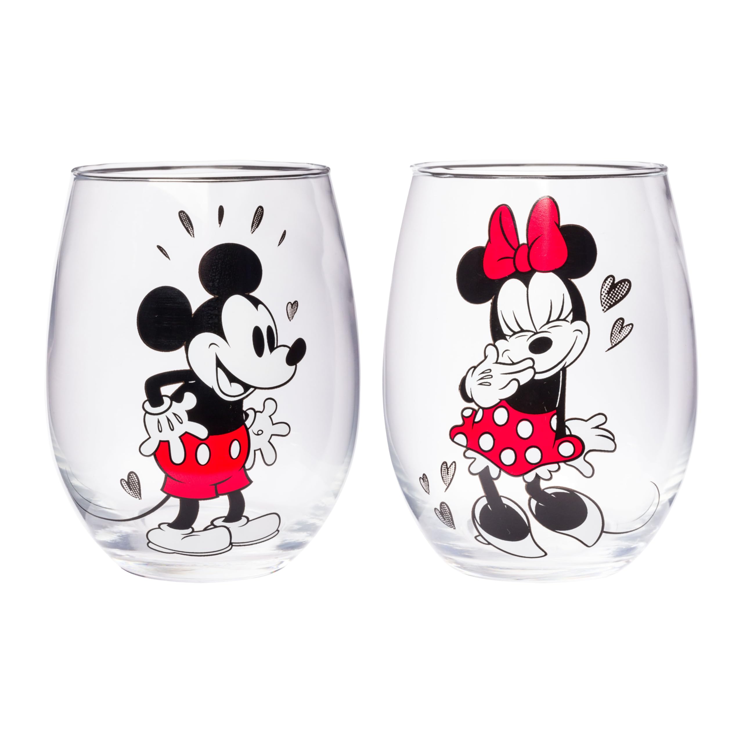 Silver Buffalo Disney Mickey And Minnie Love Halftone Hearts Boxed 2Pc Stemless Glass Set, 20 Ounces