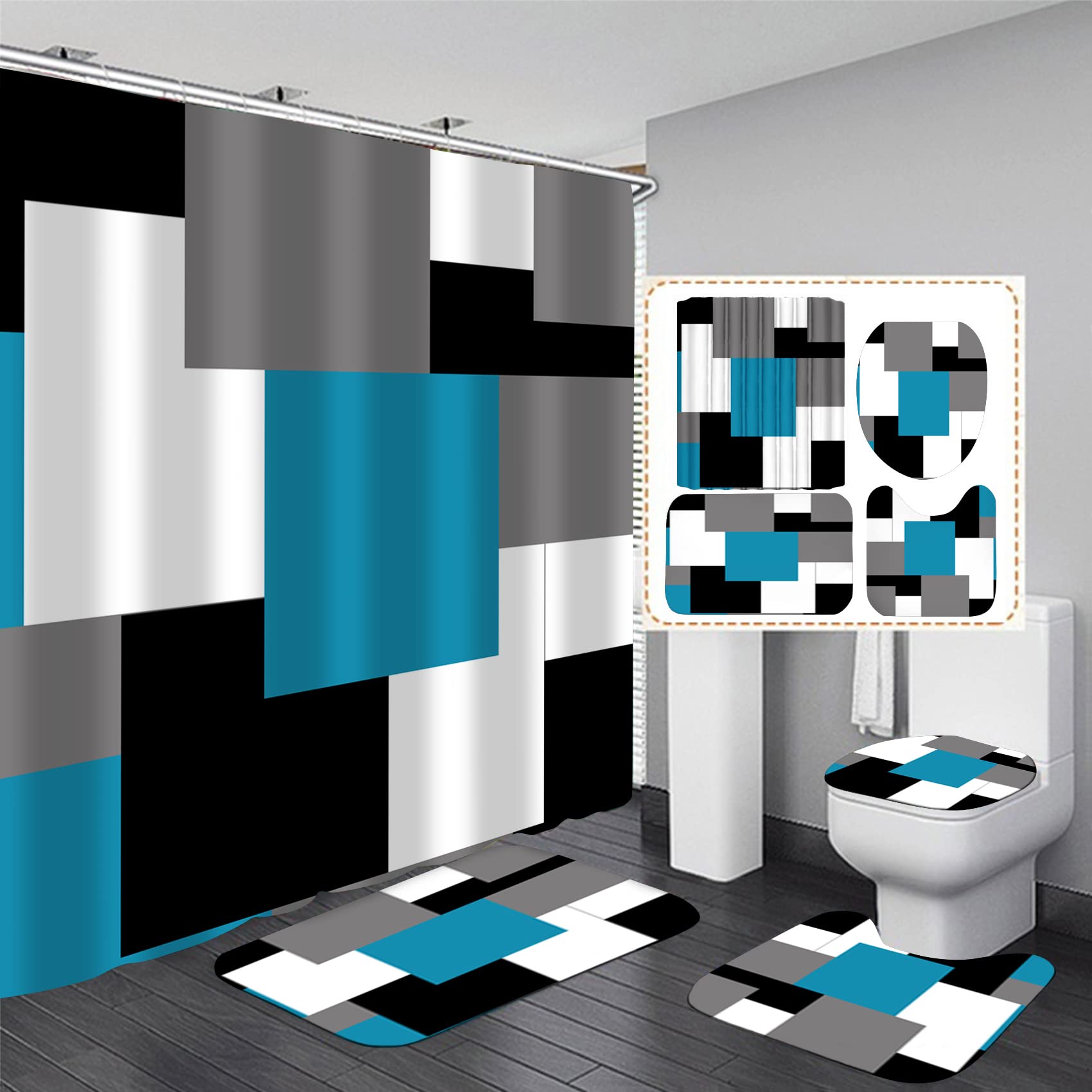 Yizheer Geometric Blue Shower Curtain Sets With Non-Slip Rugs,Toilet Lid Cover And Bath Mat, Black And Gray Bathroom Decor Set A