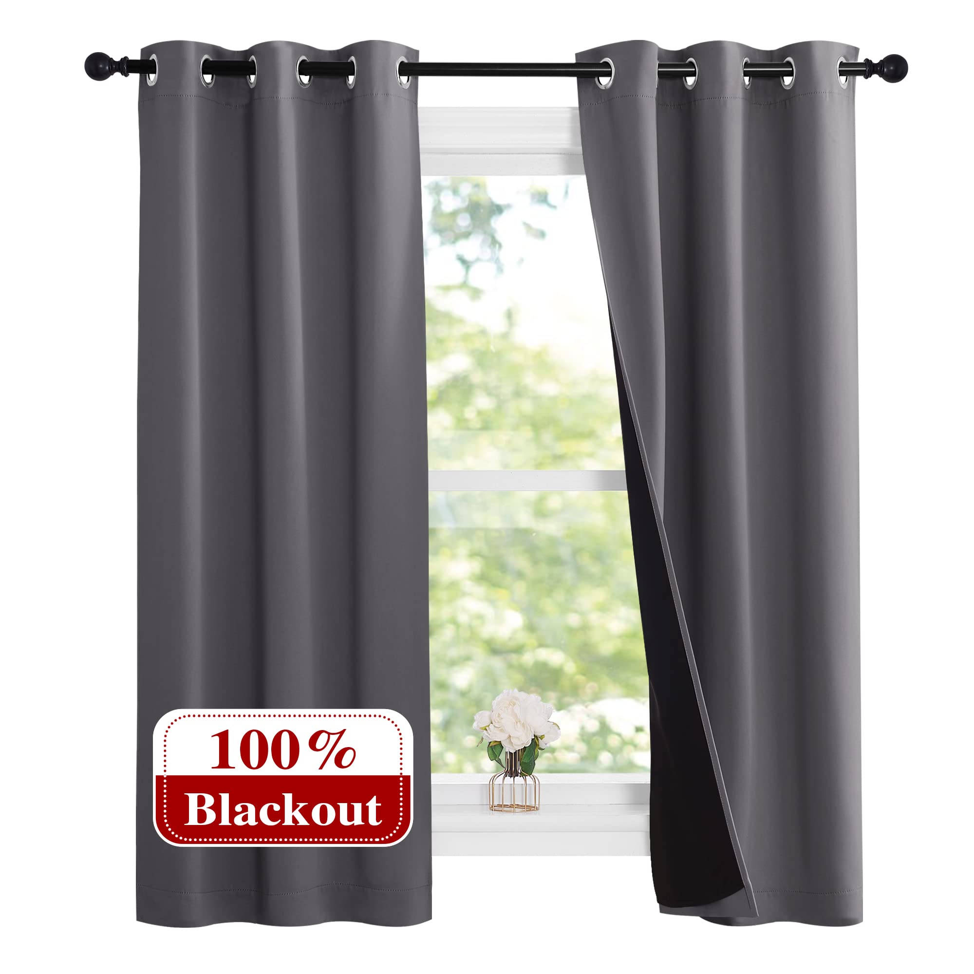 NICETOWN 100% Blackout Short Curtains with Black Liners, 2 Panels, 37 W by 60 L, Grey, Solid Thermal Insulated Full Blackout 2-L