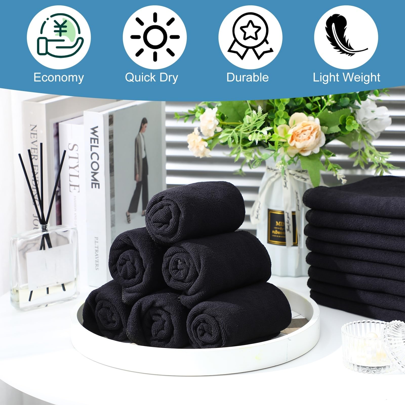 Moukeren 72 Pack Black Salon Hand Towels Microfiber Absorbent Resistant 16 x 27 Hair Hand Towels Bulk Quick Dry for Salon Facial