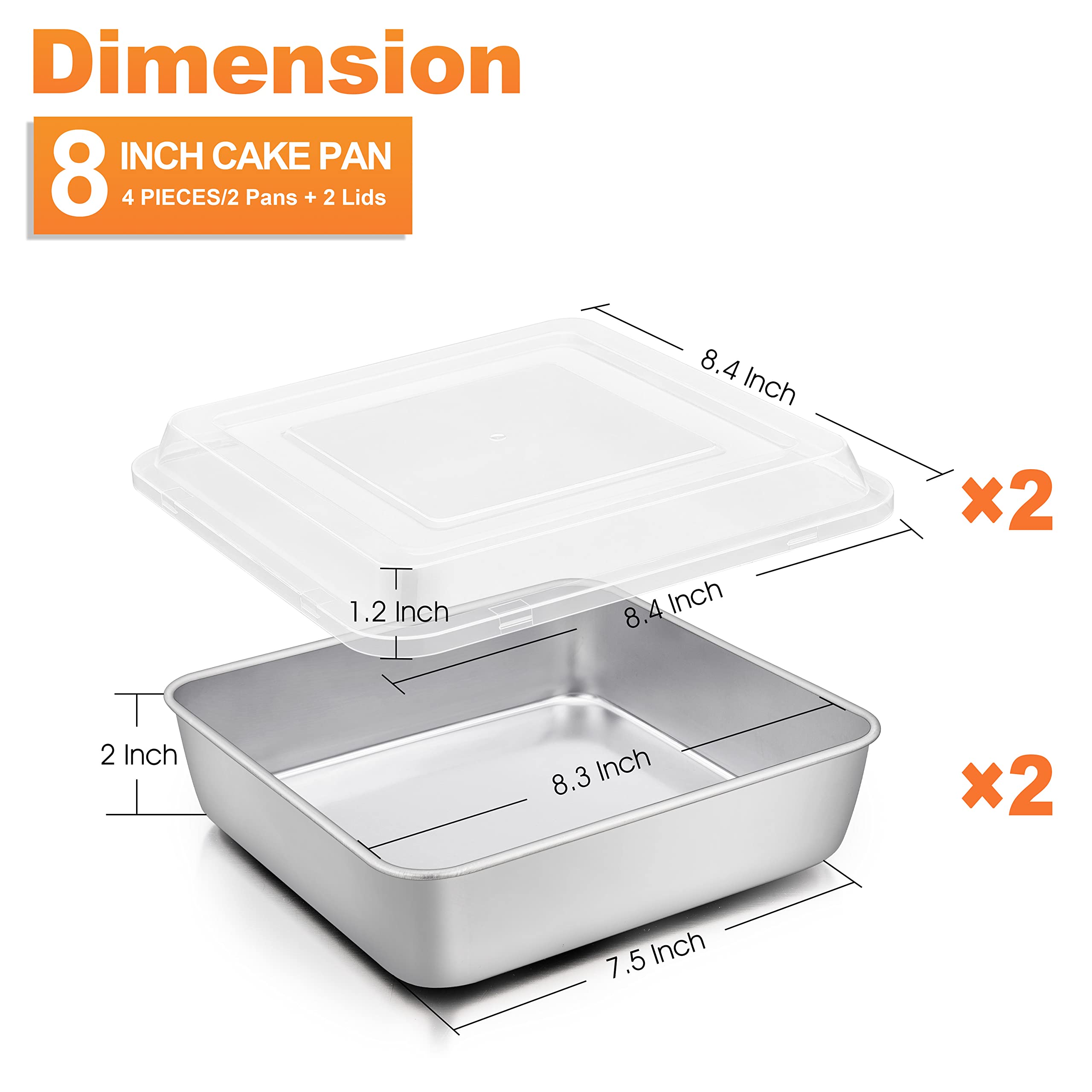 Herogo 8   X 8    Square Cake Pan, Stainless Steel Square Baking Pan With Lid, Cakes Brownie Lasagna Pan Set, 2 Pans + 2 Lids, H