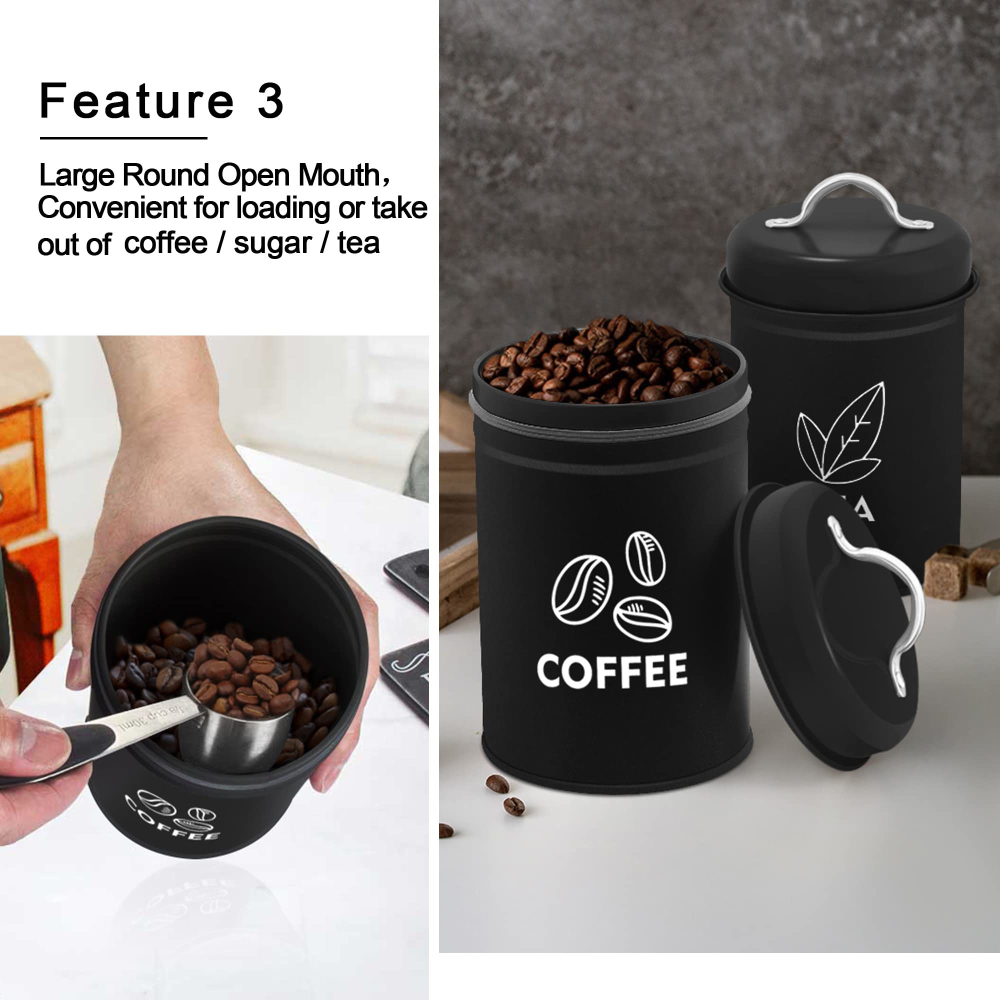 Teamfar Kitchen Canisters Set Of 3, Coffee Sugar Tea Canister Sets For Kitchen Counter, Black Metal Farmhouse Decor Storage Cont