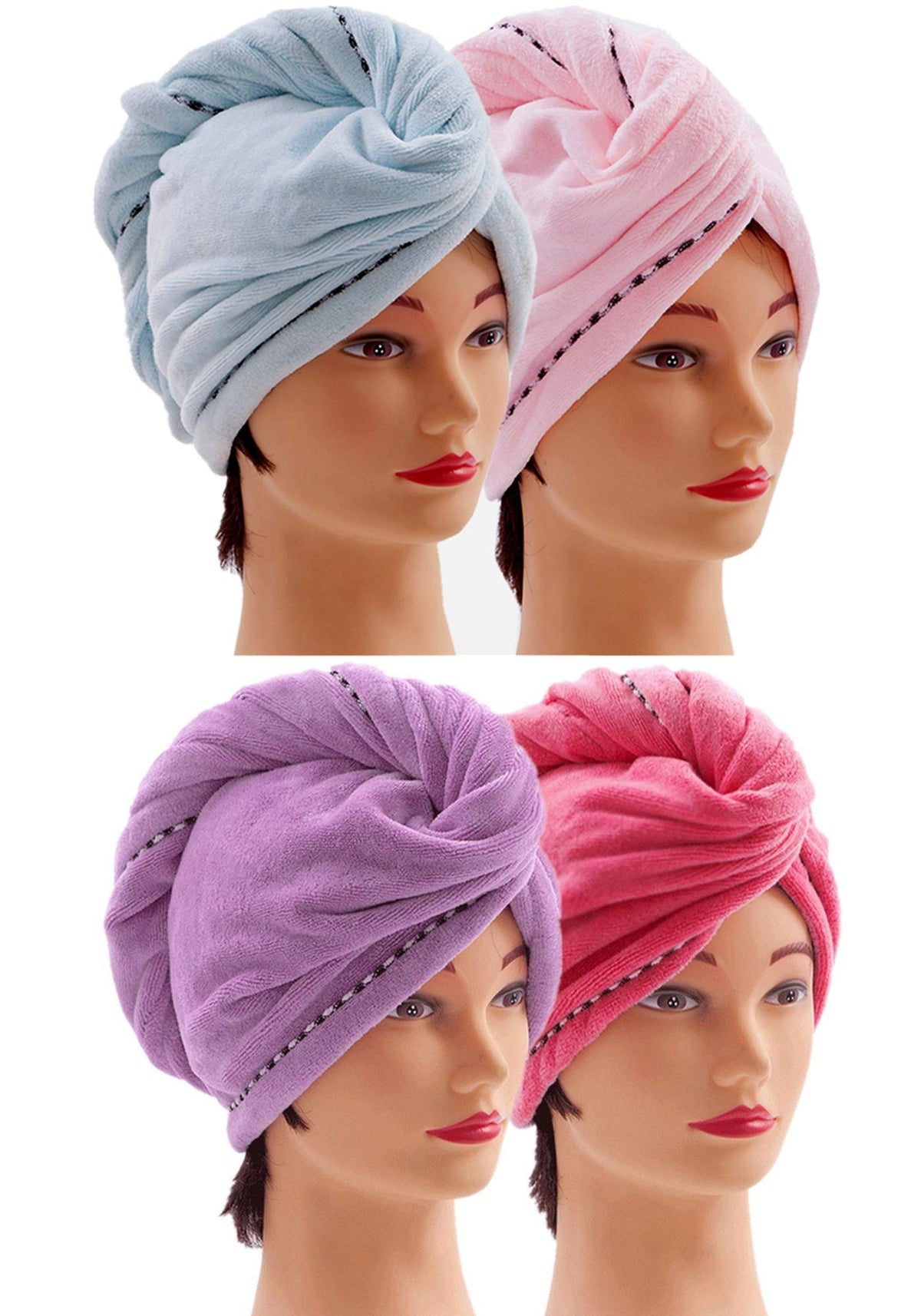 CC CAIHONG Microfiber Hair Towel 4 Pack, Hair Towel Wrap Quick Dry Hair Hat Anti-frizz Head Turban with Button, Wet Curly Hair T