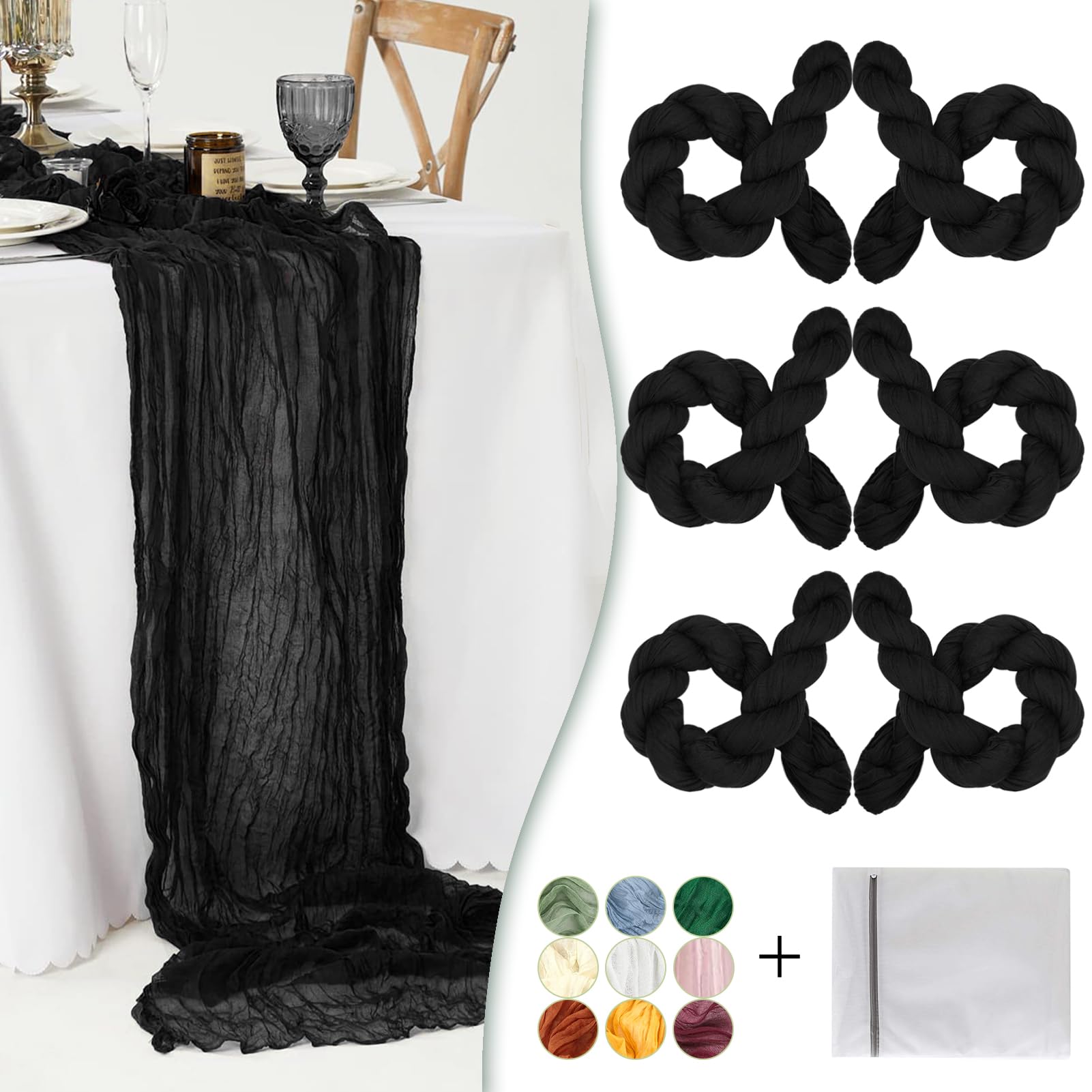 Waligoy Black Cheesecloth Table Runner 6 Pack 35'' Boho Gauze Table Runner 120 Inches Long Table Runner Rustic Sheer Fabric Bulk