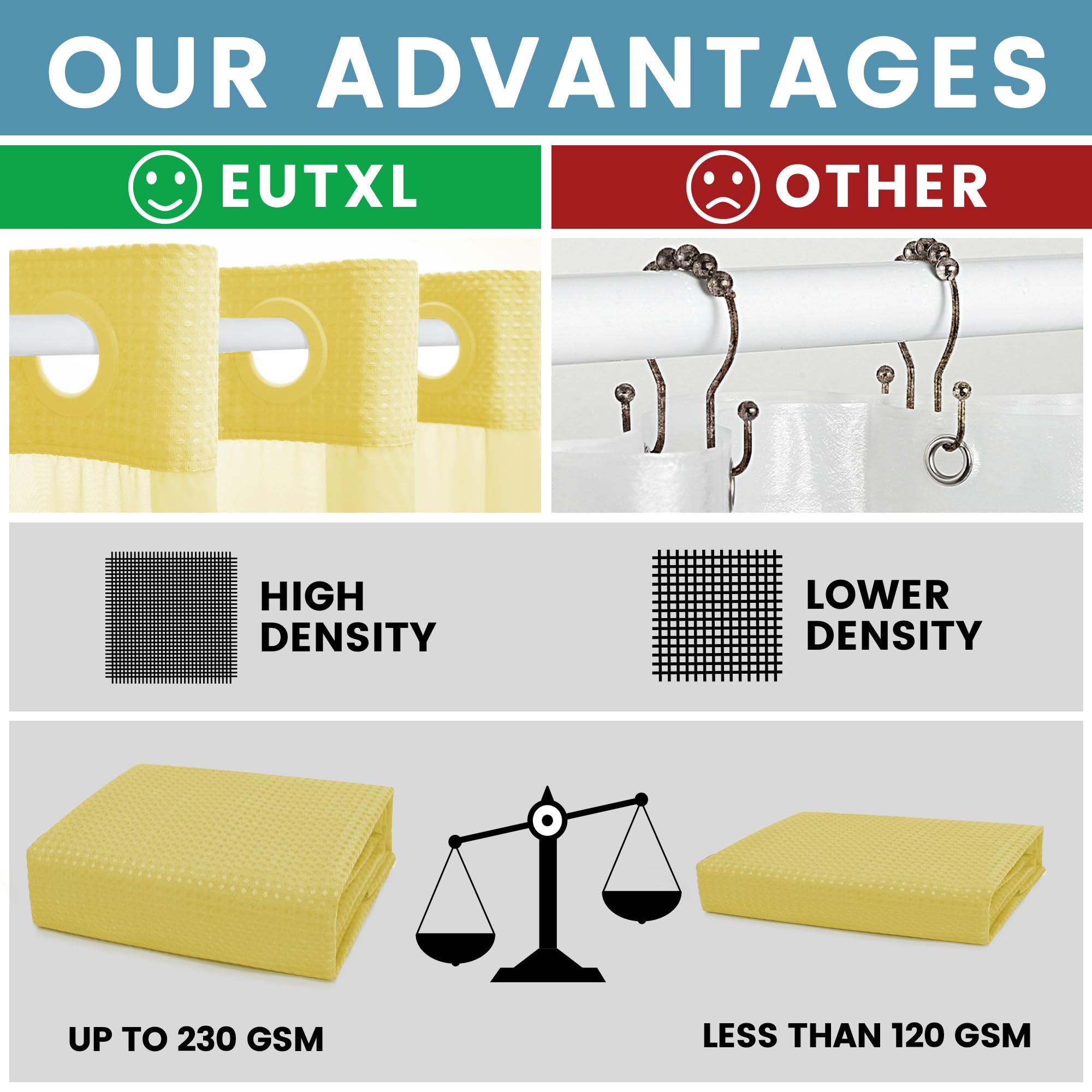 Eutxl Yellow No Hook Shower Curtain With Snap In Liner,230Gsm Waffle Weave Shower Curtains For Bathroom,71W X 74H