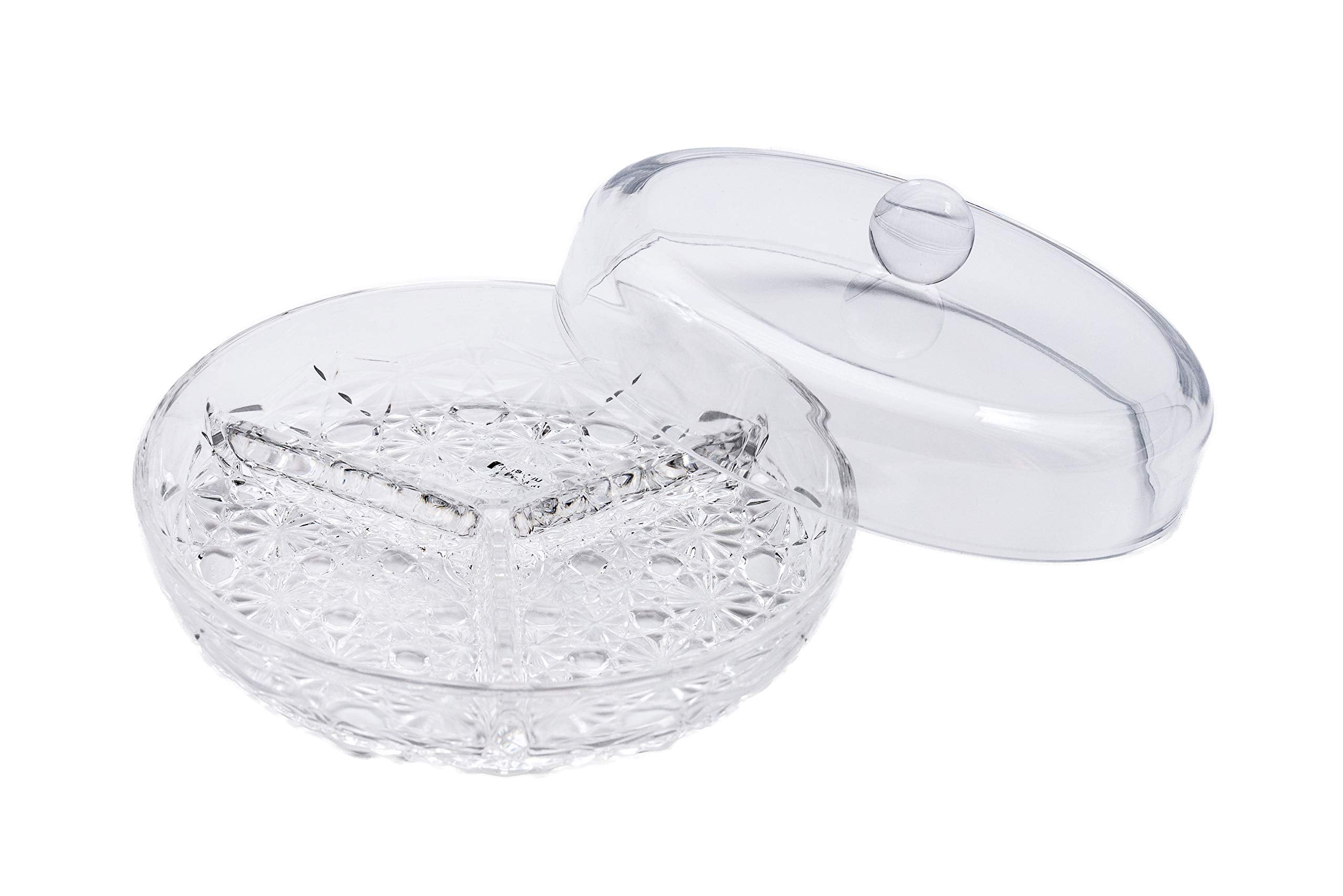 Huang Acrylic 3-Section Divided Serving Dishes With Lid | Round Snack And Condiment Tray With Cover | Multifunctional Party Snac