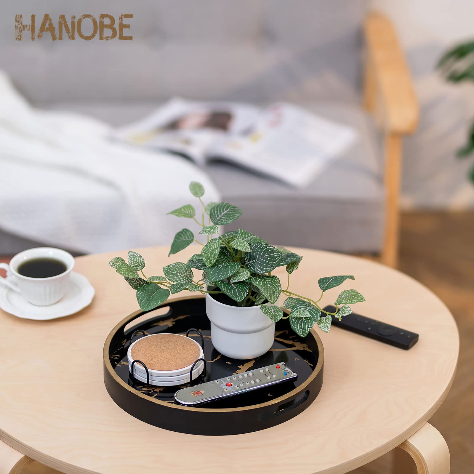 Hanobe Round Decorative Coffee Tray: Marble Pattern Serving Circle Tray With Handles Coffee Table Trays For Living Room Bar Drin