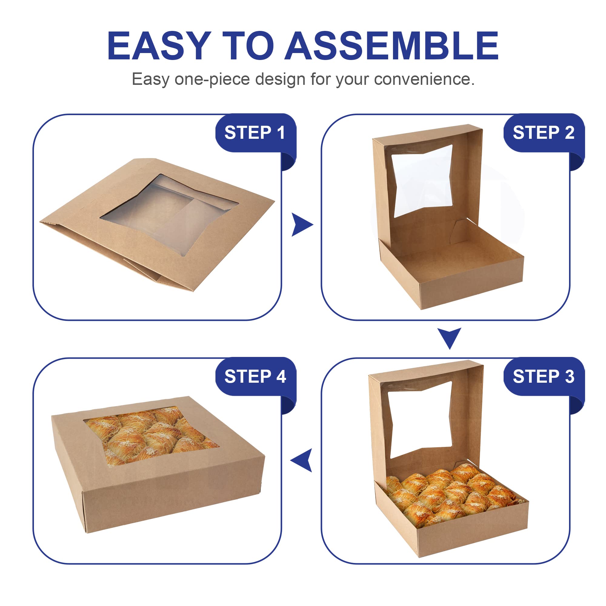 Mt Products Kraft Pie Bakery Boxes With Window 10 X 10 X 2.5 - Auto Pop-Up Cookie Boxes (Pack Of 15) - Made In The Usa