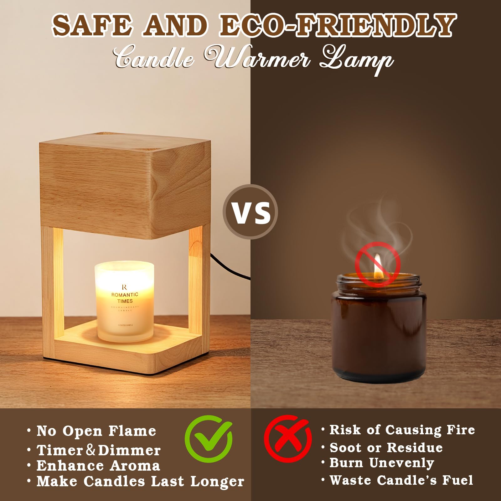 Candle Warmer Lamp Wood with Timer, Dimmable Electric Candle Lamp Warmer for Jar Candles, 2 * 35 Watt Bulb, Birthday Gifts for M