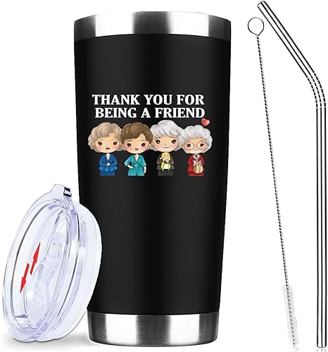 Thank You for Being A Friend Mug Gifts - Cute Friend Gifts  Friendship Birthday Gifts for Women Buddies Besties BBF Sister Female-Golden Girls Cute Coffee Tumbler Cups with Lid Straw 20 OZ (Black)