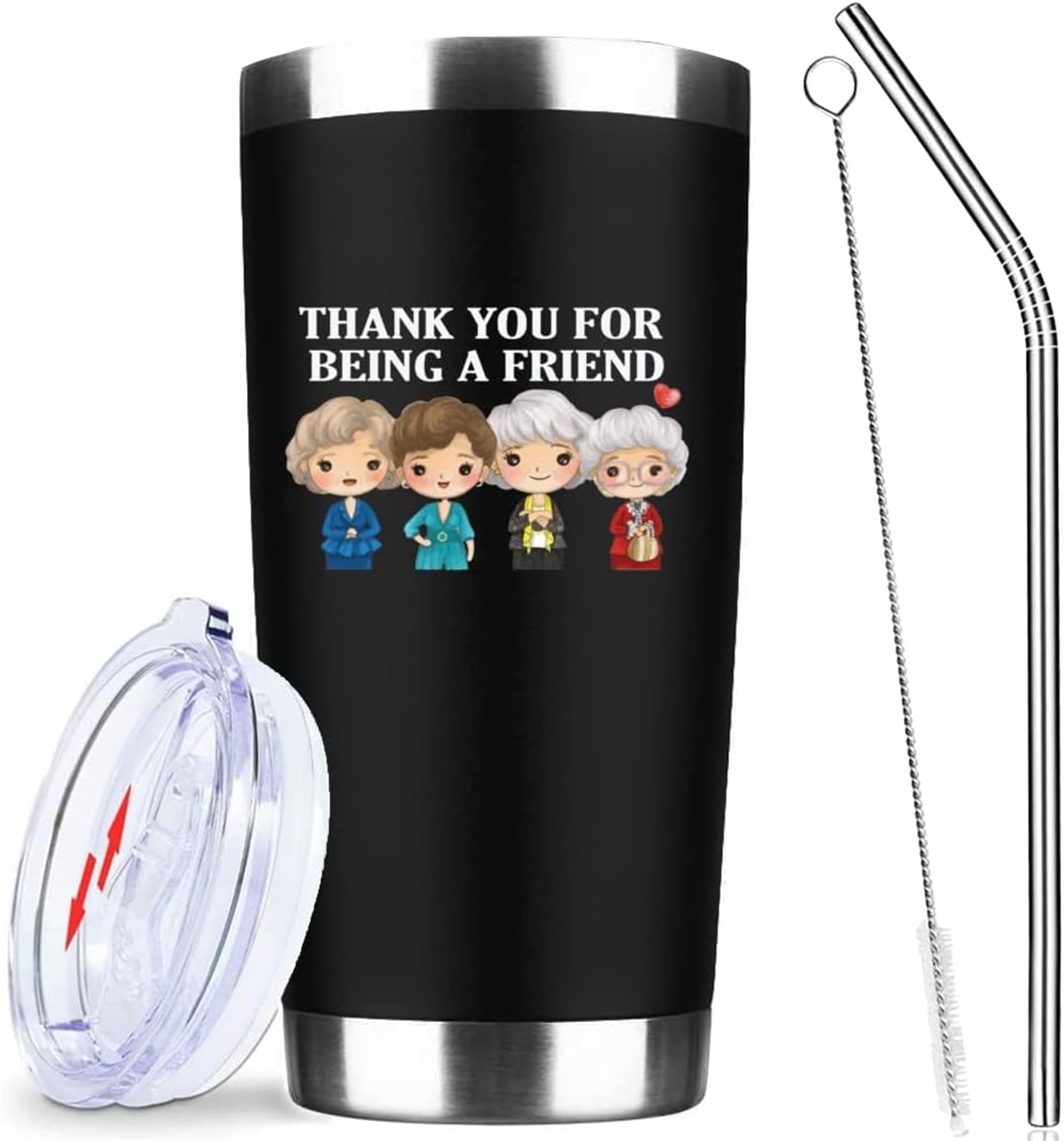 Thank You for Being A Friend Mug Gifts - Cute Friend Gifts  Friendship Birthday Gifts for Women Buddies Besties BBF Sister Female-Golden Girls Cute Coffee Tumbler Cups with Lid Straw 20 OZ (Black)
