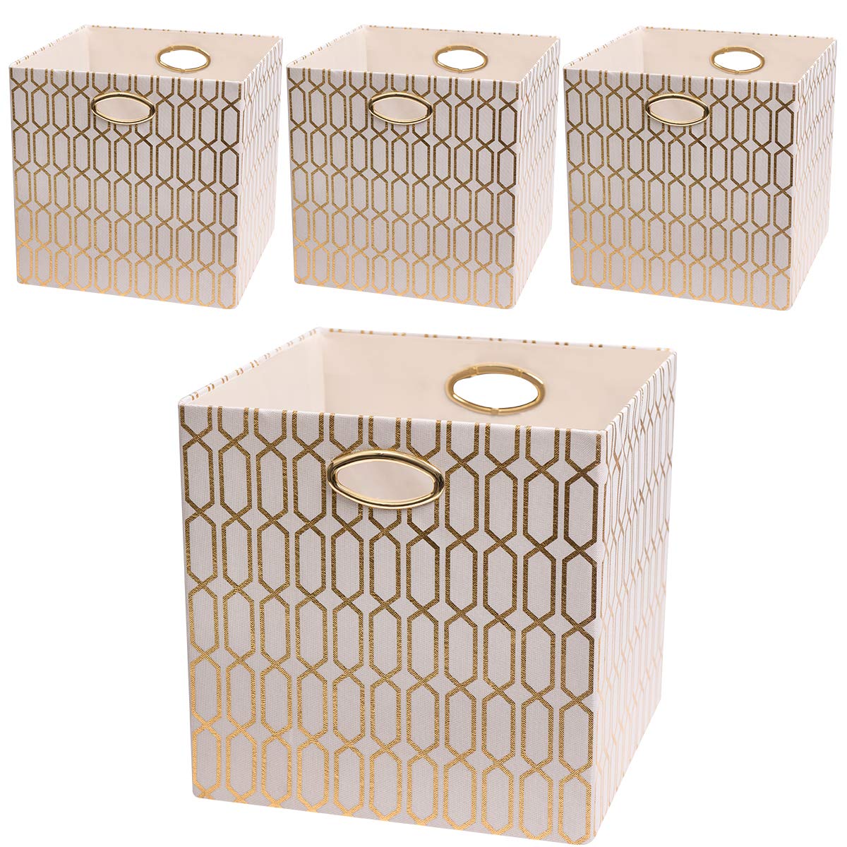 Posprica Storage Bins, Storage Cubes,13  13 Fabric Drawers Organizer Basket Boxes Containers (13  13  13/4Pcs, Cream/Gold Geomet