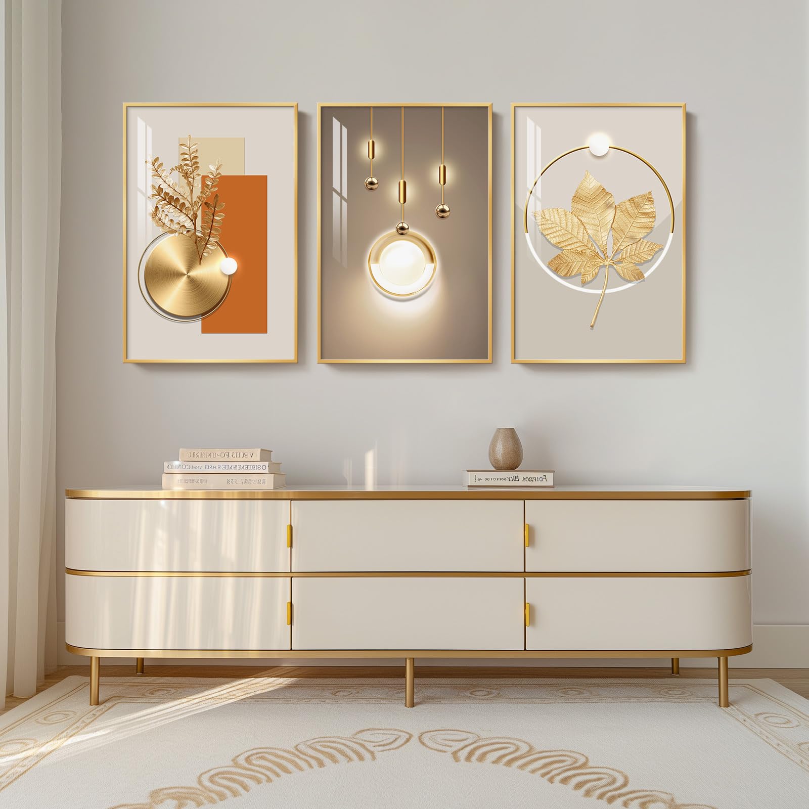 Framed Modern Luxury Gold Wall Art For Living Room, Set Of 3 Piece Contemporary Paintings Artwork For Walls, Golden Prints Pictu