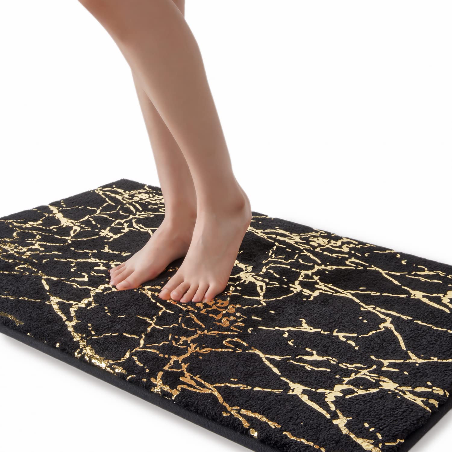 Qjhomo Marble Bathroom Runner Rug Gold Decor Long Bathroom Rugs Black Bath Mat Non Slip Super Absorbent Bathmat Machine Washable