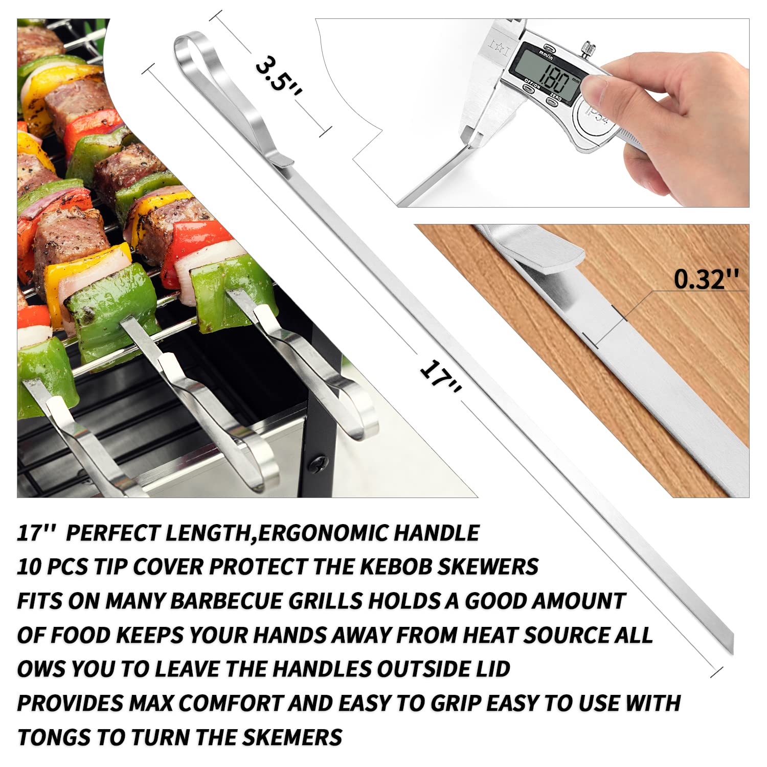 Kabob Skewers 17'' Stainless Steel Long BBQ Barbecue Skewers  Flat Metal Kebob Sticks Wide Reusable Grilling Skewers for Meat Chicken Set of 12 Including 2 Bonus Silicone Brush with Storage Bag