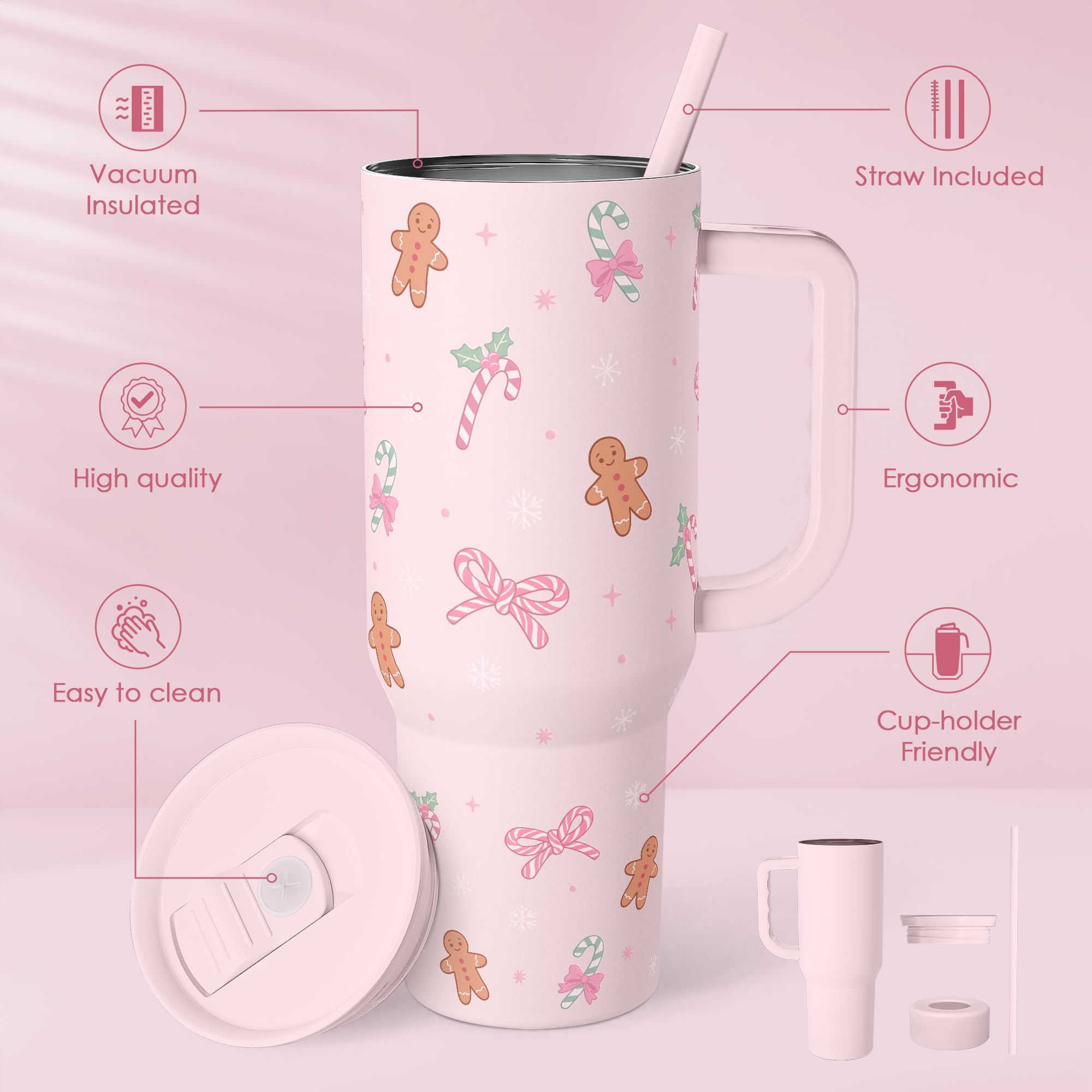Christmas Theme 40oz Slider Tumbler with Handle and Straw - Insulated Stainless Steel Travel Coffee Mug for Women Girls, Gift fo