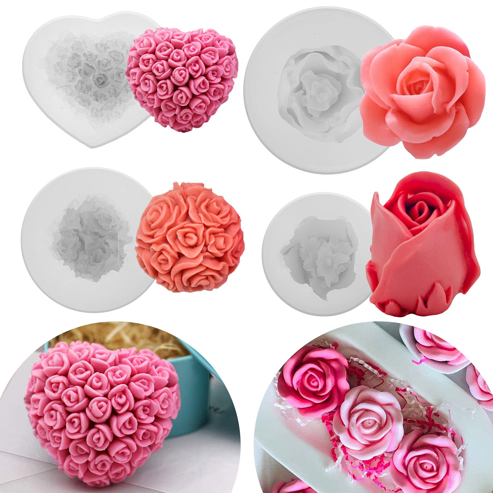 Whaline 4Pcs 3D Rose Silicone Mold Valentine'S Day Mold Assorted Heart Flower Bloom Shape Fondant Mould Chocolate Candy Mold Cak