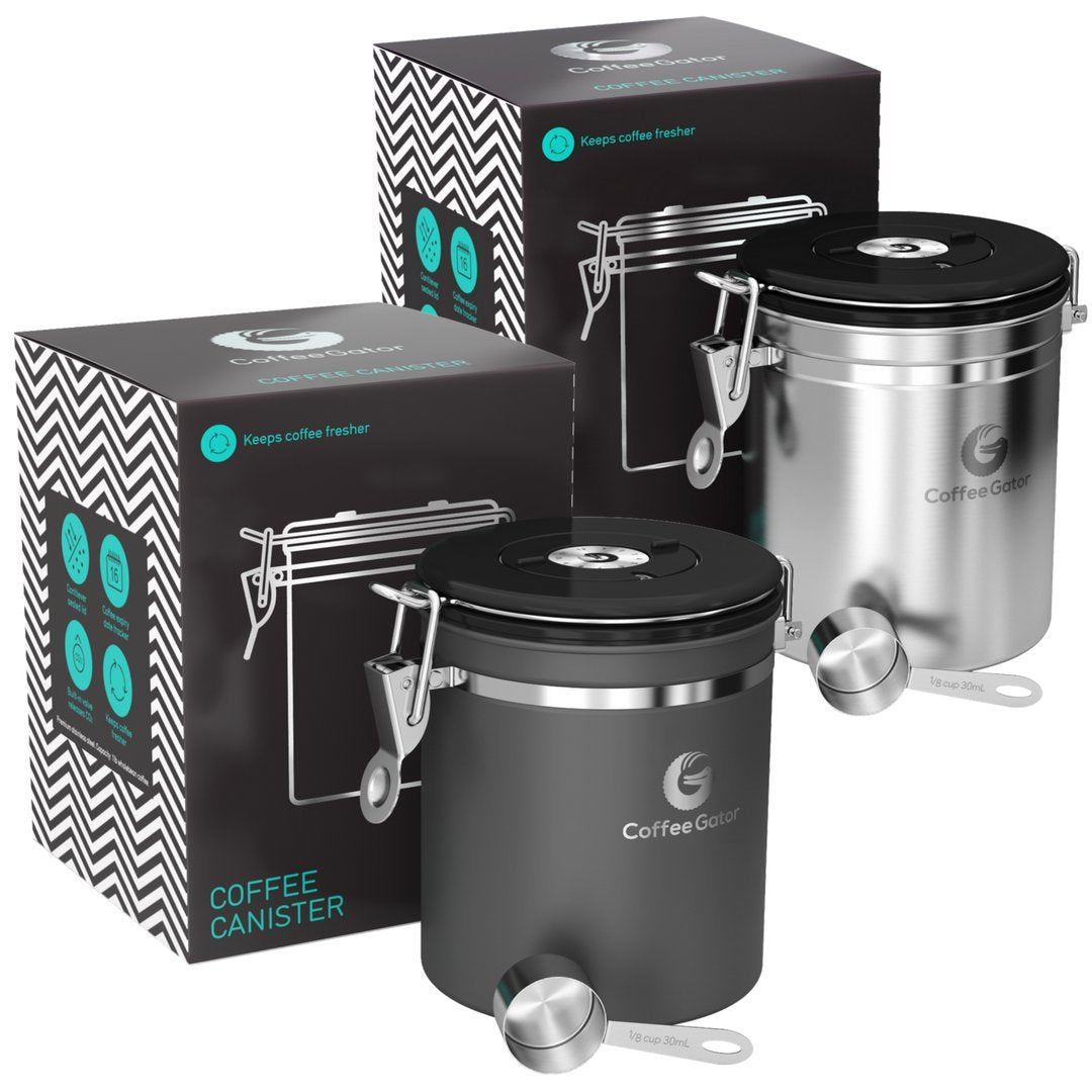 Coffee Gator Coffee Canister(2-Pack), Airtight Coffee Containers for Grounds and Beans Storage with Date-Tracker, CO2 Valve and 