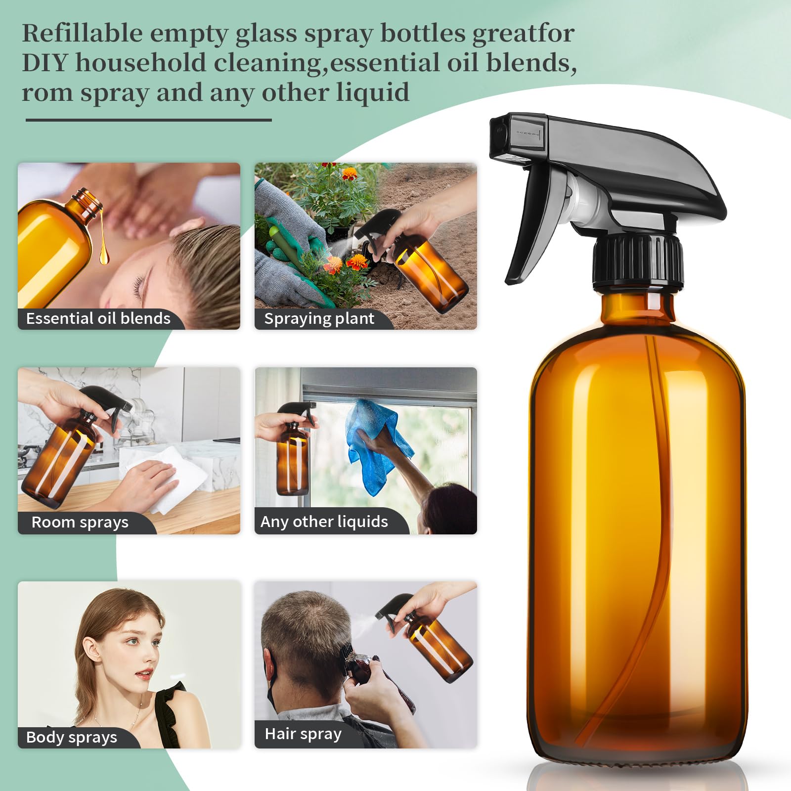 Givameihf 16Oz Amber Glass Spray Bottles,4 Pack Glass Spray Bottles Refillable Empty Bottle With Adjustable Nozzle,Spray Bottle