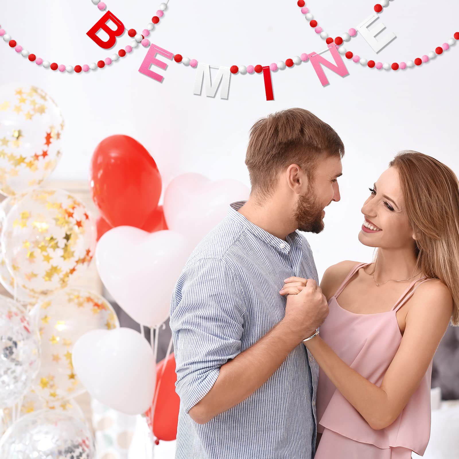 Breling 3 Pieces Valentine'S Day Garland Felt Ball Garland, 10Ft Pompom Garland Valentines Decorations Banner For Mantle Firepla