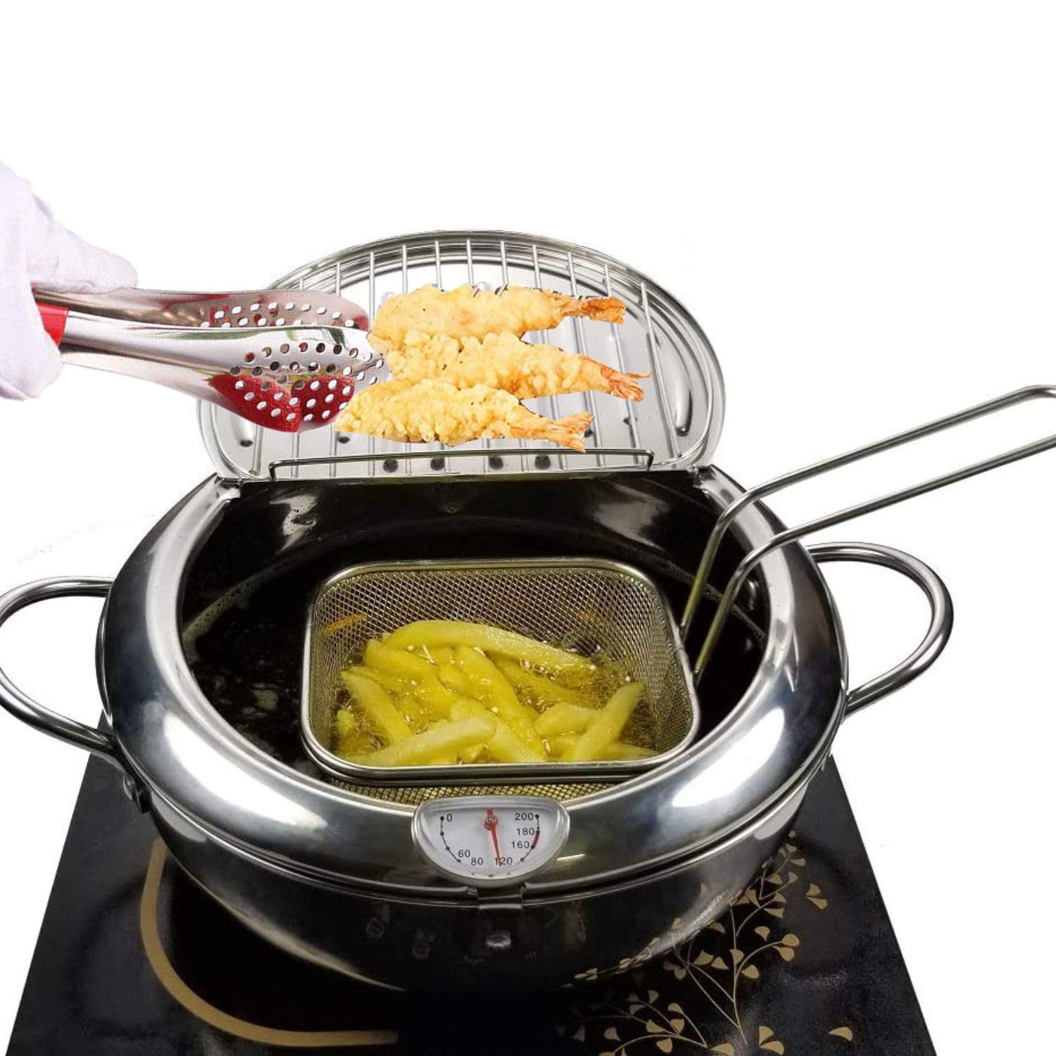 Deep Fryer Set,3.6Qt Mini Deep Fry Pot With French Fries Basket And Frying Tongs -Stainless Steel Deep Fry Pan With Thermometer