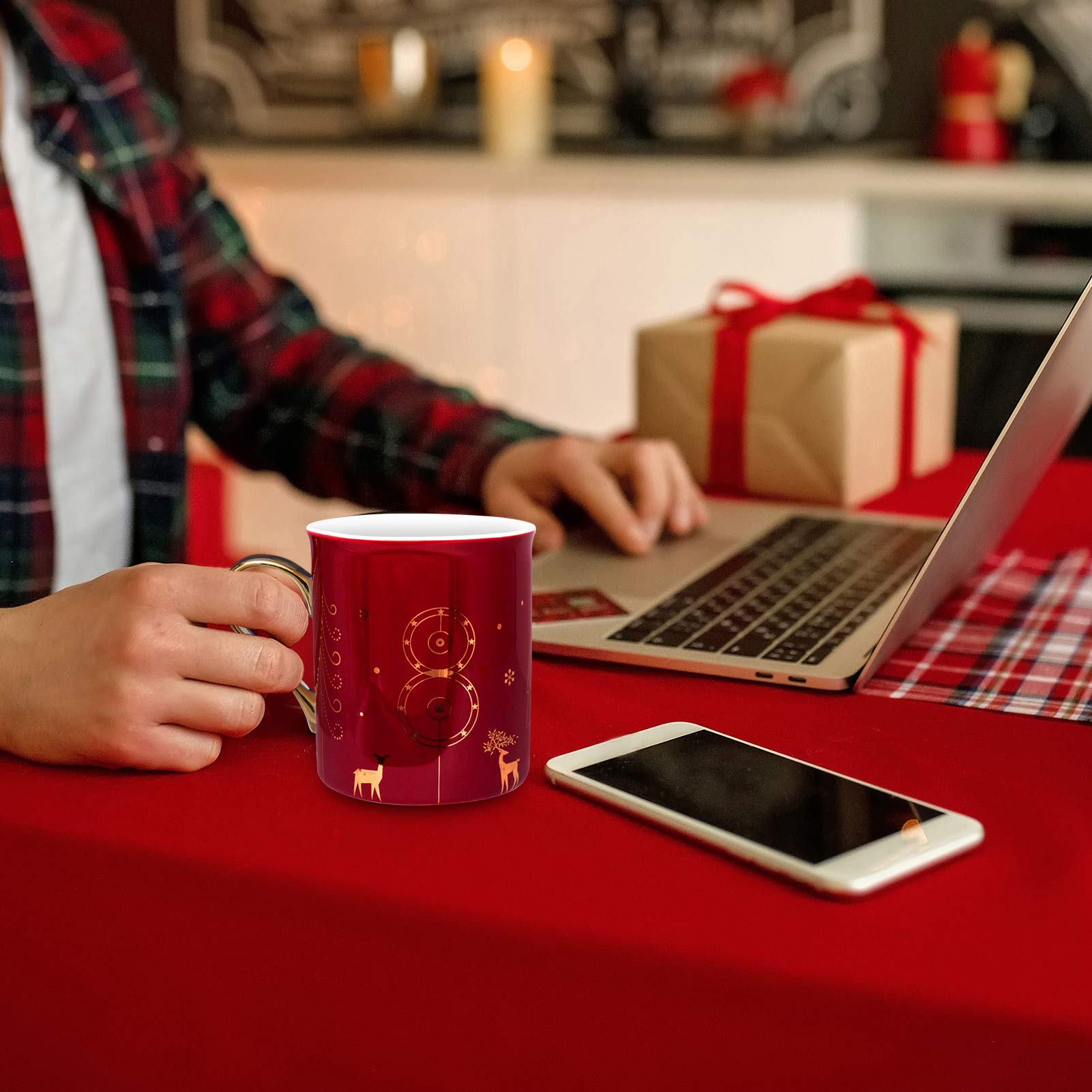 WAVEYU Christmas Cute Ceramic Coffee Mug with Golden Handle Decorative Coffee Cup for Women for Ideal Gifts, 10 OZ(Red)