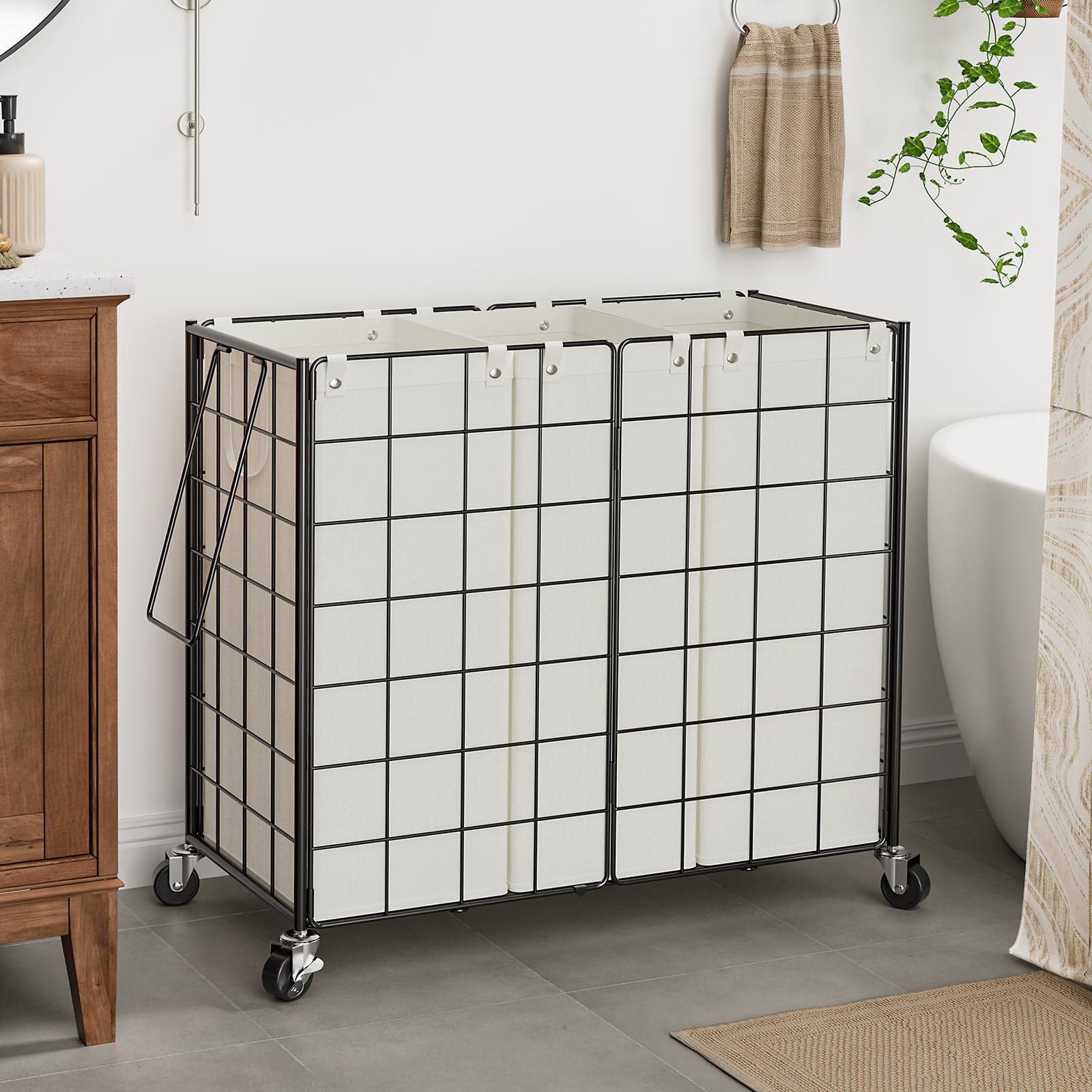 Wowlive Laundry Hamper With Wheels,Metal Wire Frame Rolling Laundry Basket 3 Section With Removable Bags,155L Dirty Clothes Hamp