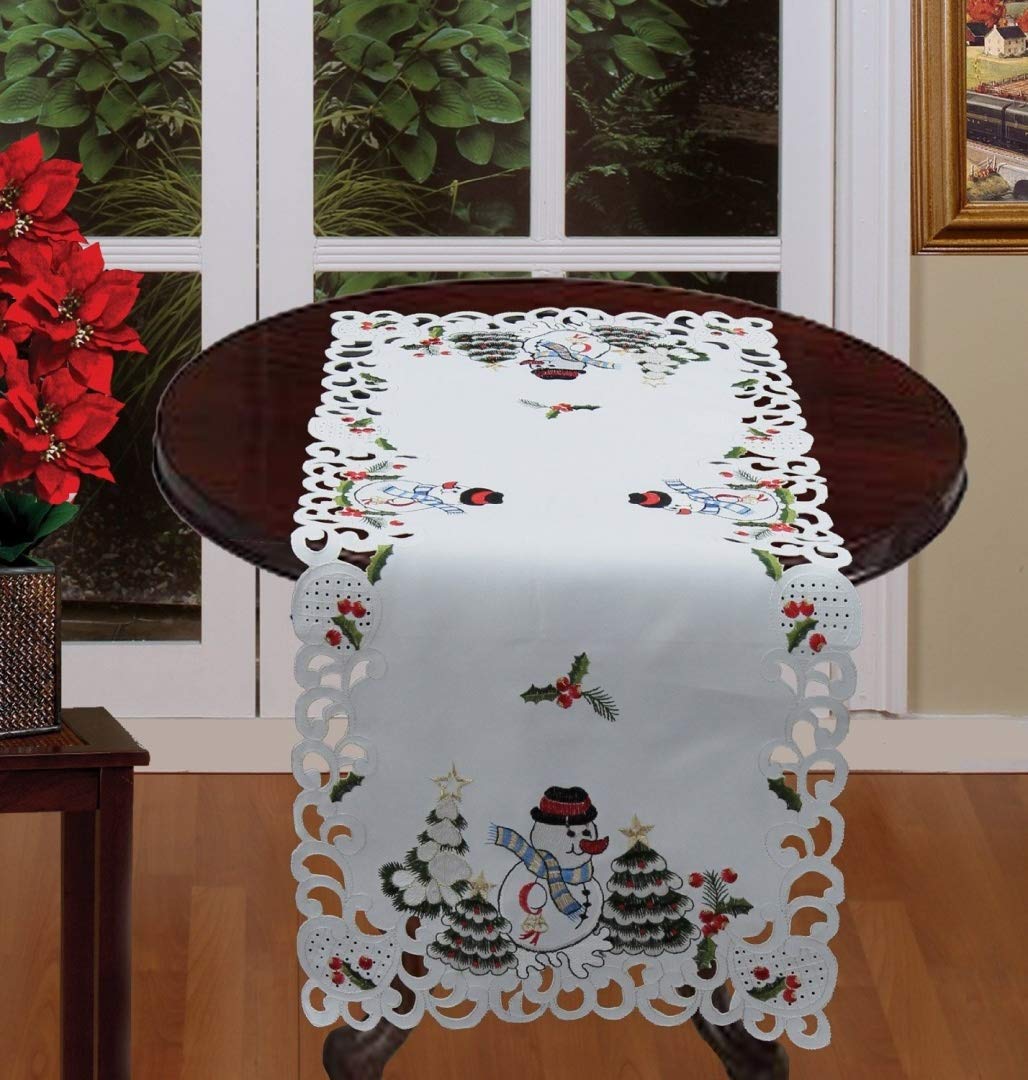 Creative Linens Holiday Embroidered Snowman and Christmas Tree Table Runner 15x34 Dresser Scarf White