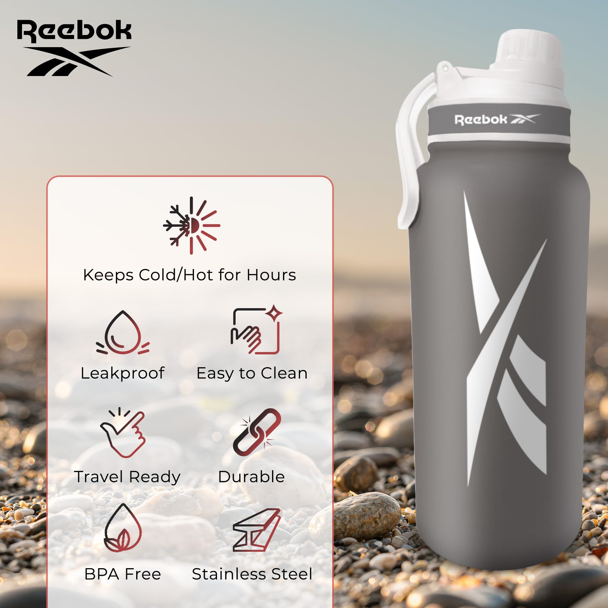 Reebok Stainless Steel Water Bottle With Athletic Design - Insulated Water Bottle 40 Oz With Chug Lid - Double Wall Vaccum Insul