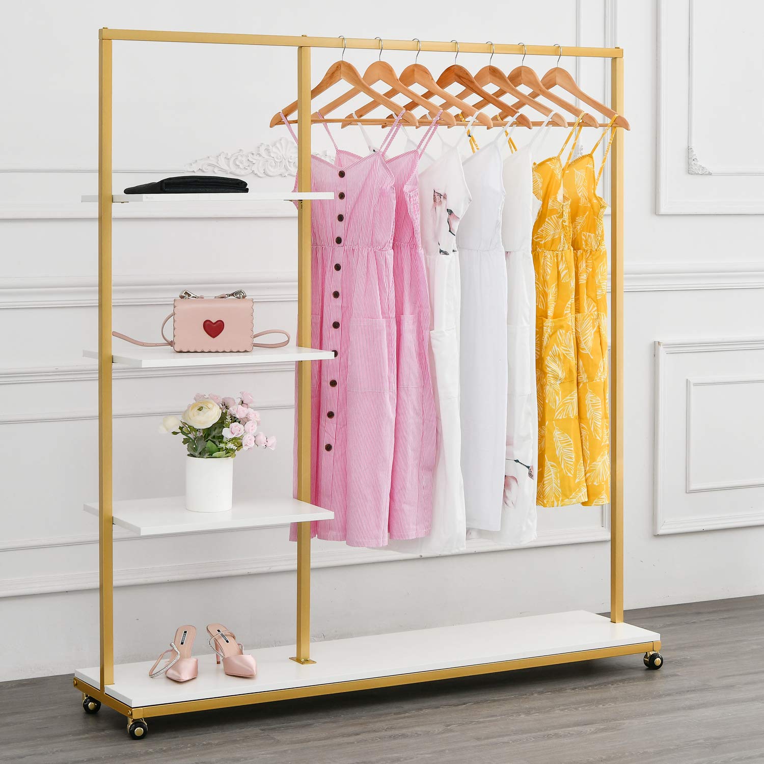 Bosuru Gold Clothes Racks With 4-Tier Wood Shelves, Modern Freestanding Gold Clothing Racks For Hanging Clothes Display Racks,Ro