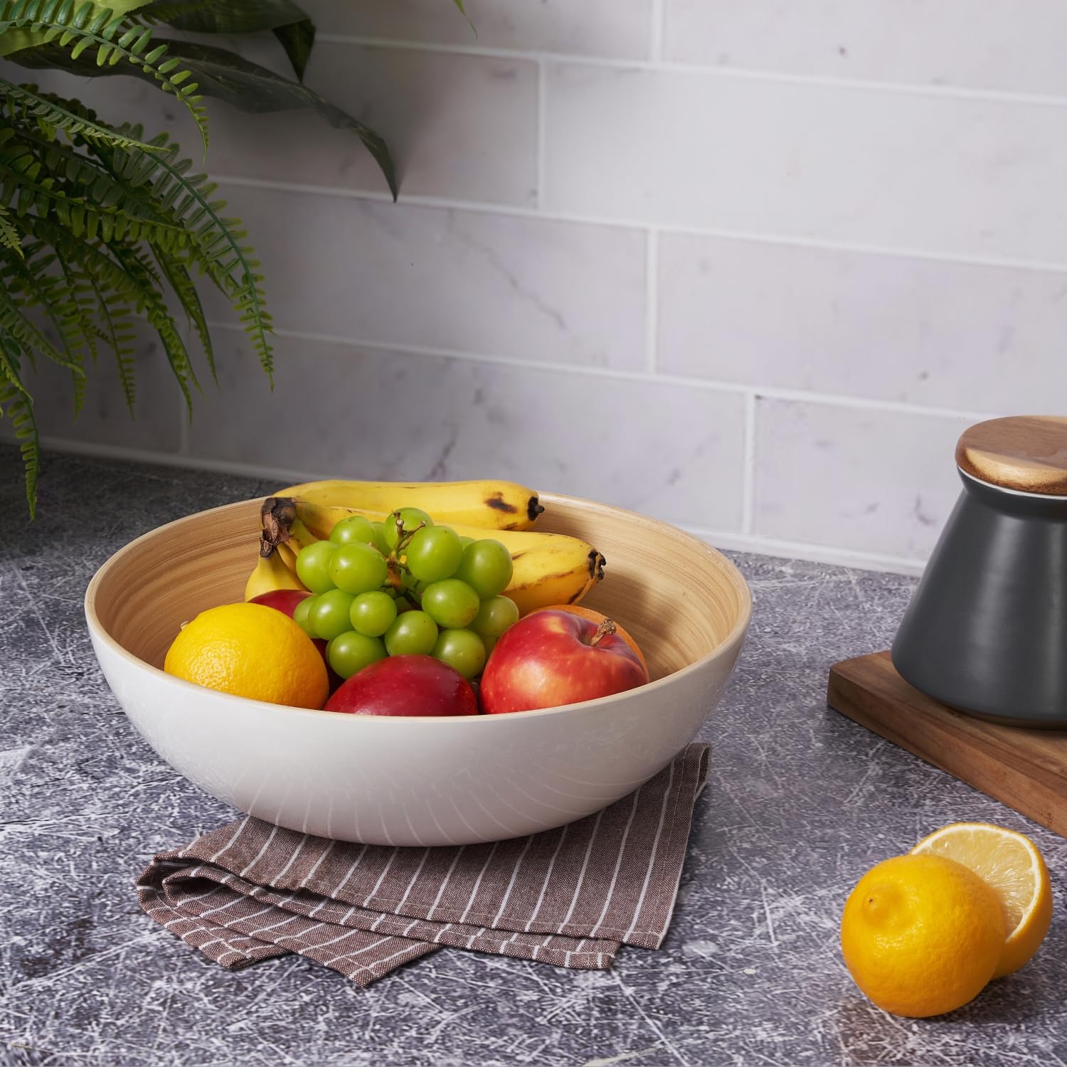 Lexa 12'' Handmade White Bamboo Wooden Salad Bowl - 130Oz Lightweight Large Wooden Bowls For Food - Bamboo Wooden Fruit Bowl For