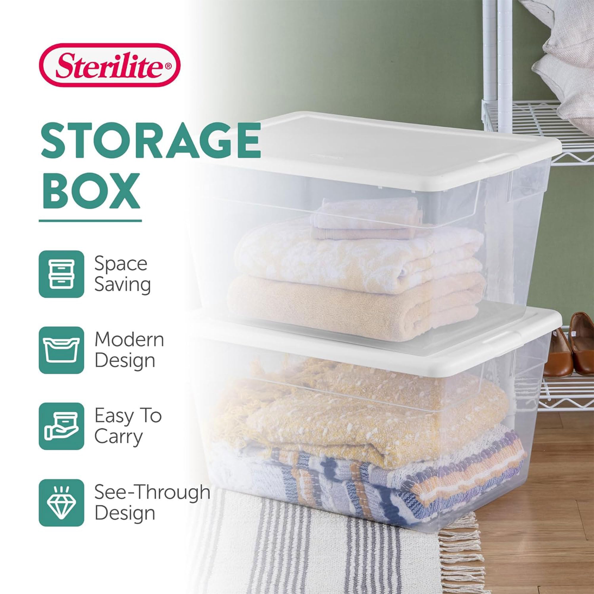 Sterilite 16598008 56 Quart Durable Heavy Duty Plastic Stackable Storage Container Boxes With Recessed Latching Lids, Clear (24