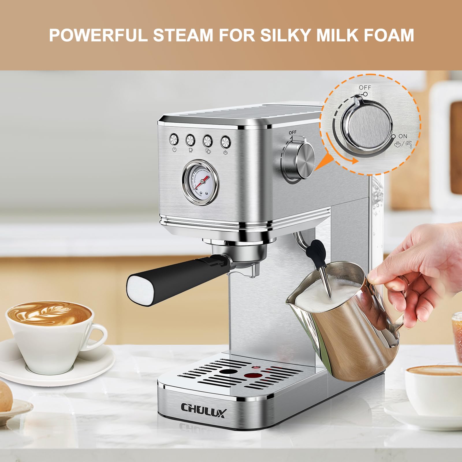 Chulux Kom-Pro Espresso Machine 20 Bar, Semi Automatic Stainless Steel Coffee Machine For Home Latte Cappuccino Espresso Maker,