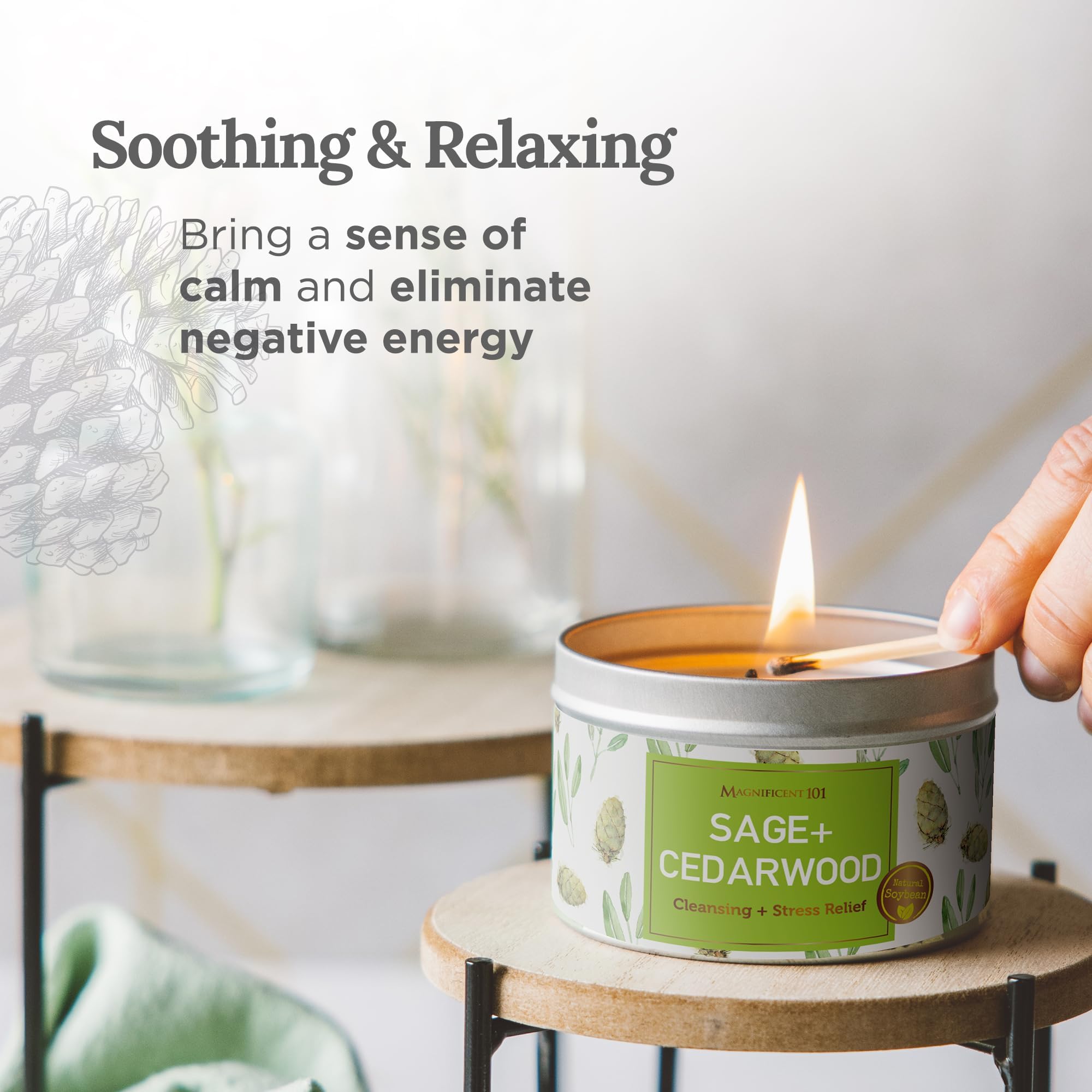 SAGE + Cedarwood Aromatherapy Candle for House Energy Cleansing and Stress Relief, Banishes Negative Energy I Purification and C