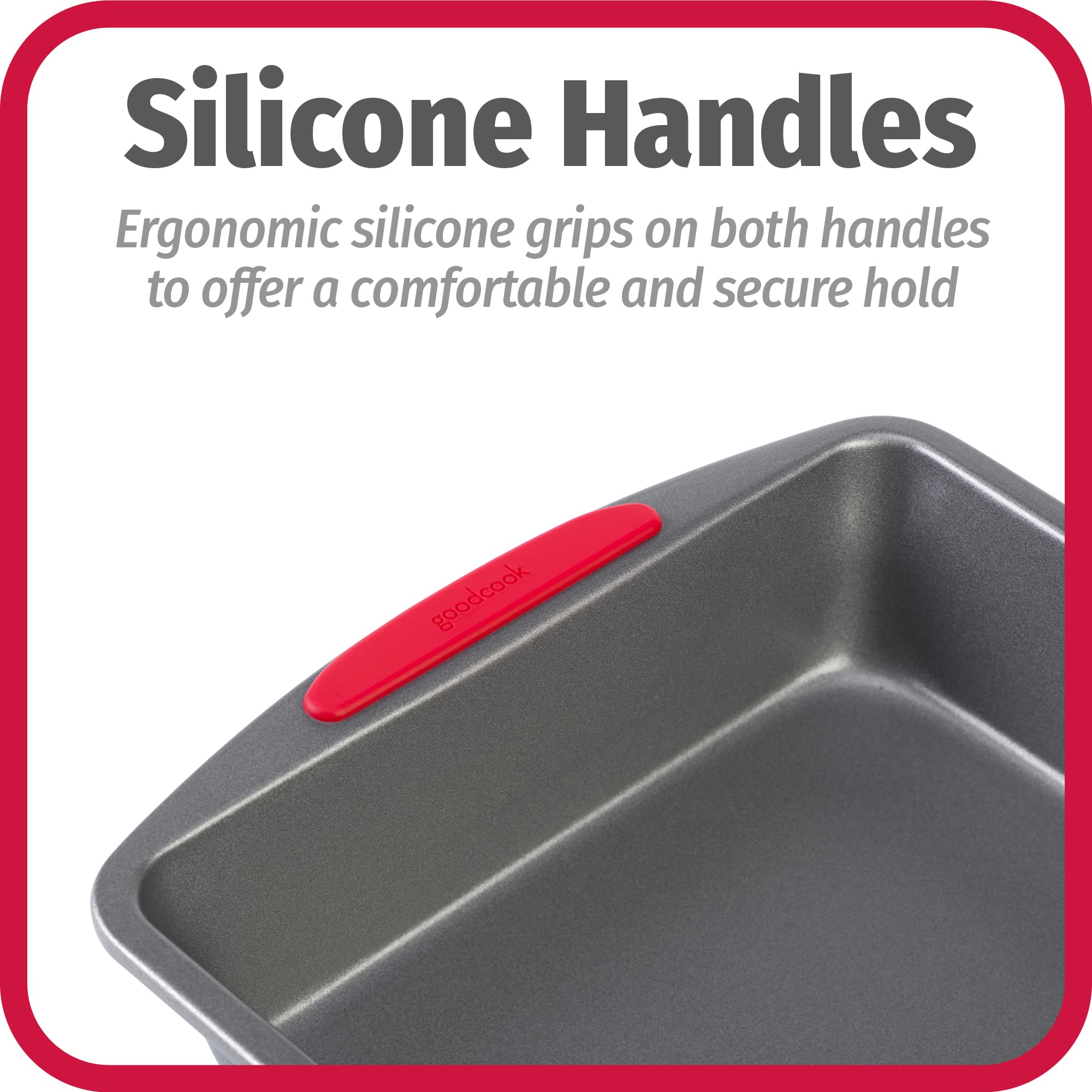 GoodCook Non-Stick Square Baking Pan, 8x8-Inch, Heavy-Gauge Carbon Steel, Gray, Model 04276 with Silicone Grip Handles