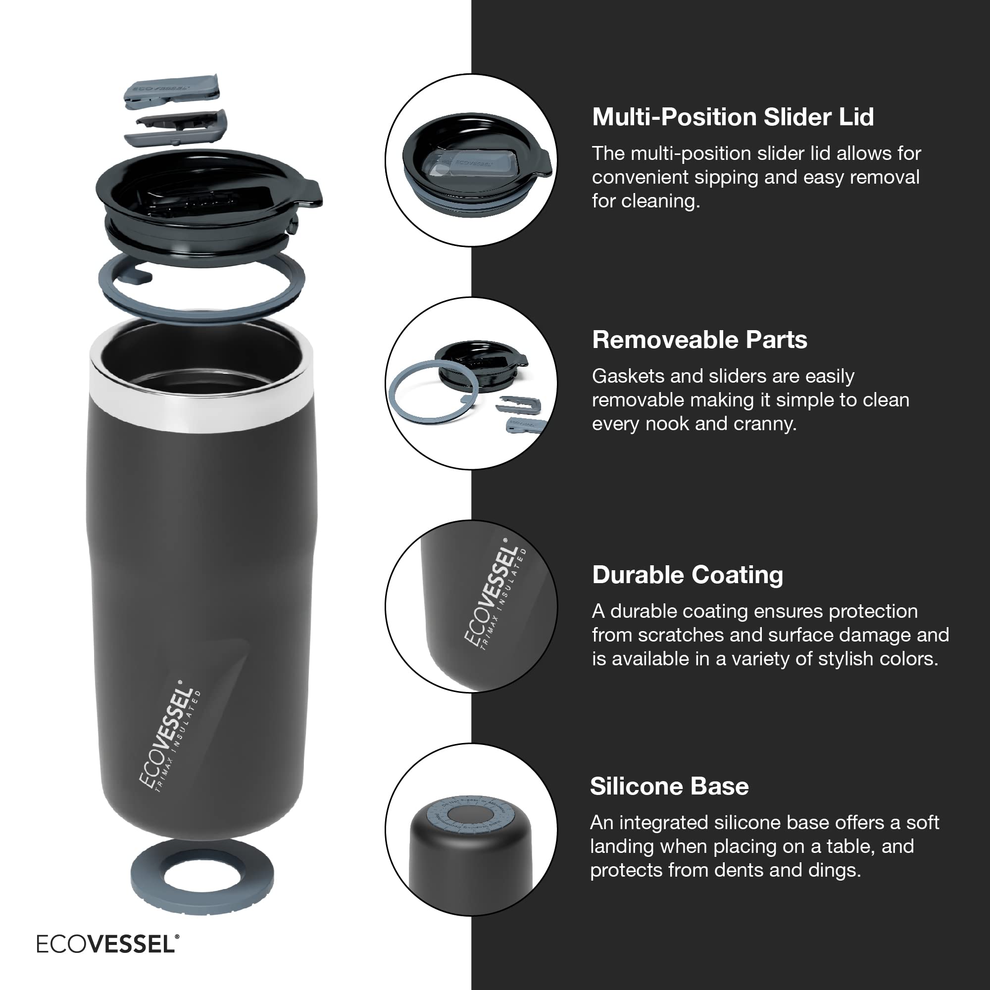 Ecovessel Metro Vacuum Stainless Steel Tumbler Cup, Insulated Water Bottle, Travel Coffee Mug With Slider Lid And Non Slip Base