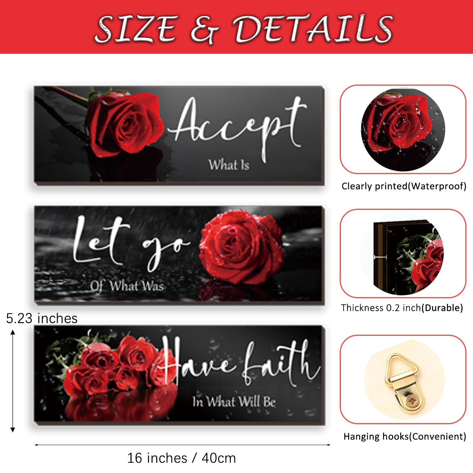 ZINYAZHE 3 Pcs Red Decor Flower Inspirational Wooden Wall Art Red Roses Office Wall Decor with Accept Let Go Have Faith Positive