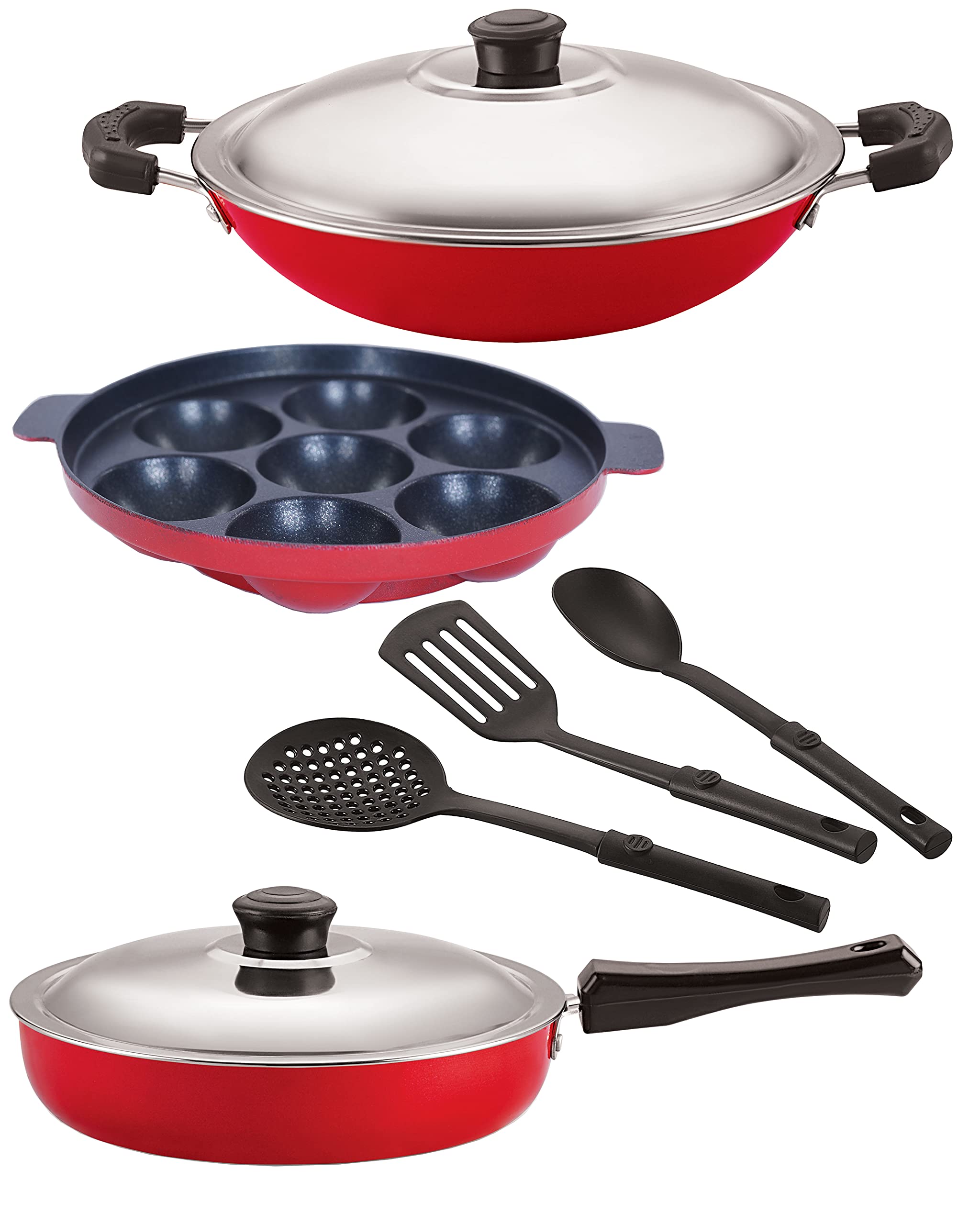 Nirlon Aluminium Nonstick Coated 6 Pcs Set Of Appam7 Cavity,Appa Chatti22.5Cm,Fry Pan24Cm & 3 Spoon (2.6Mm_Ap(7)_Ac_Fp12_3Spn