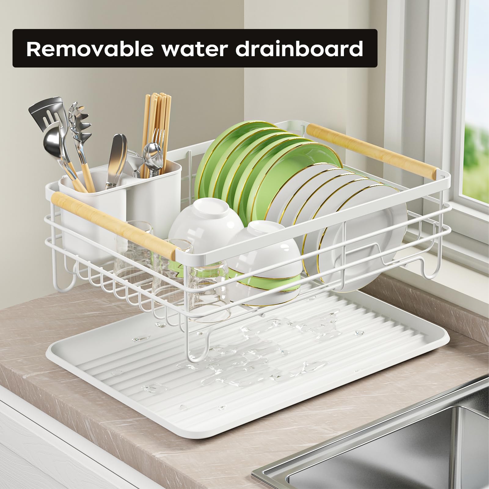 Jouzevic Dish Racks For Kitchen Counter: Thickened Metal Materials, No Assembly, Wood Handles. Small Dish Drying Rack: Ideal For