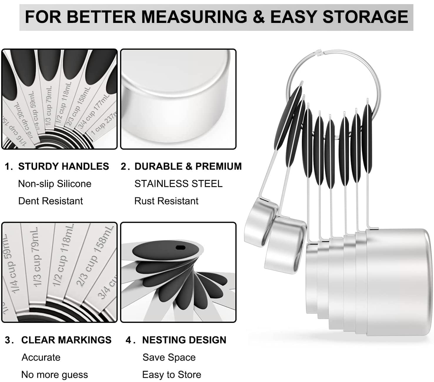 Measuring Cups & Spoons Set Of 16, Wildone Stainless Steel Measuring Cups And Measuring Spoons With Black Silicone Handle, Inclu