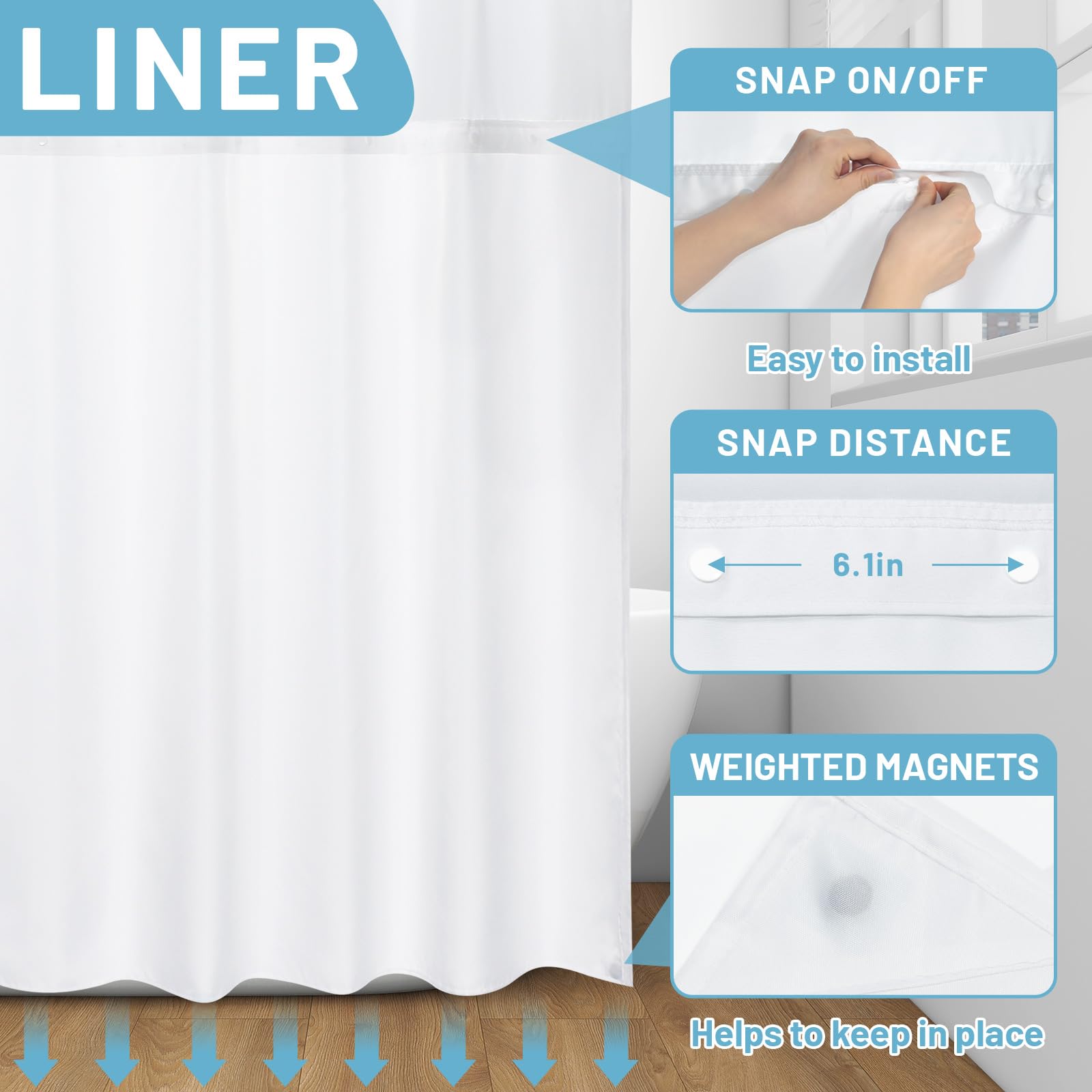 Withloc No Hook Shower Curtain With Snap In Liner - Floral Shower Curtain - Fabric Waterproof Inner Liner, Plants Navy Blue Flow