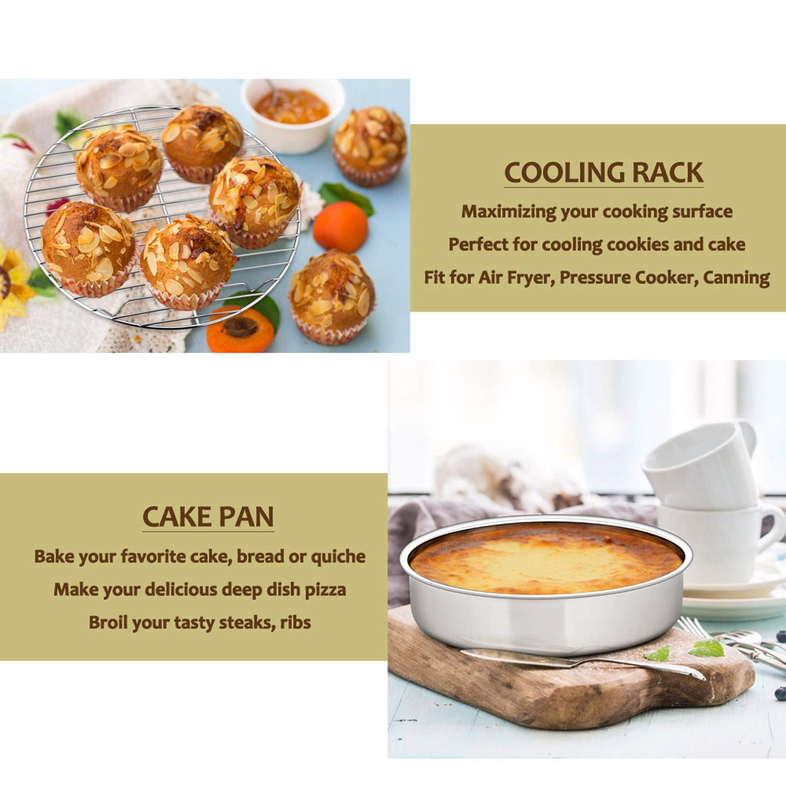 E-Far 8-Inch Round Cake Pan With Rack Set, Stainless Steel Cake Pans Tins And Baking Cooling Racks, Non Toxic & Healthy, Mirror