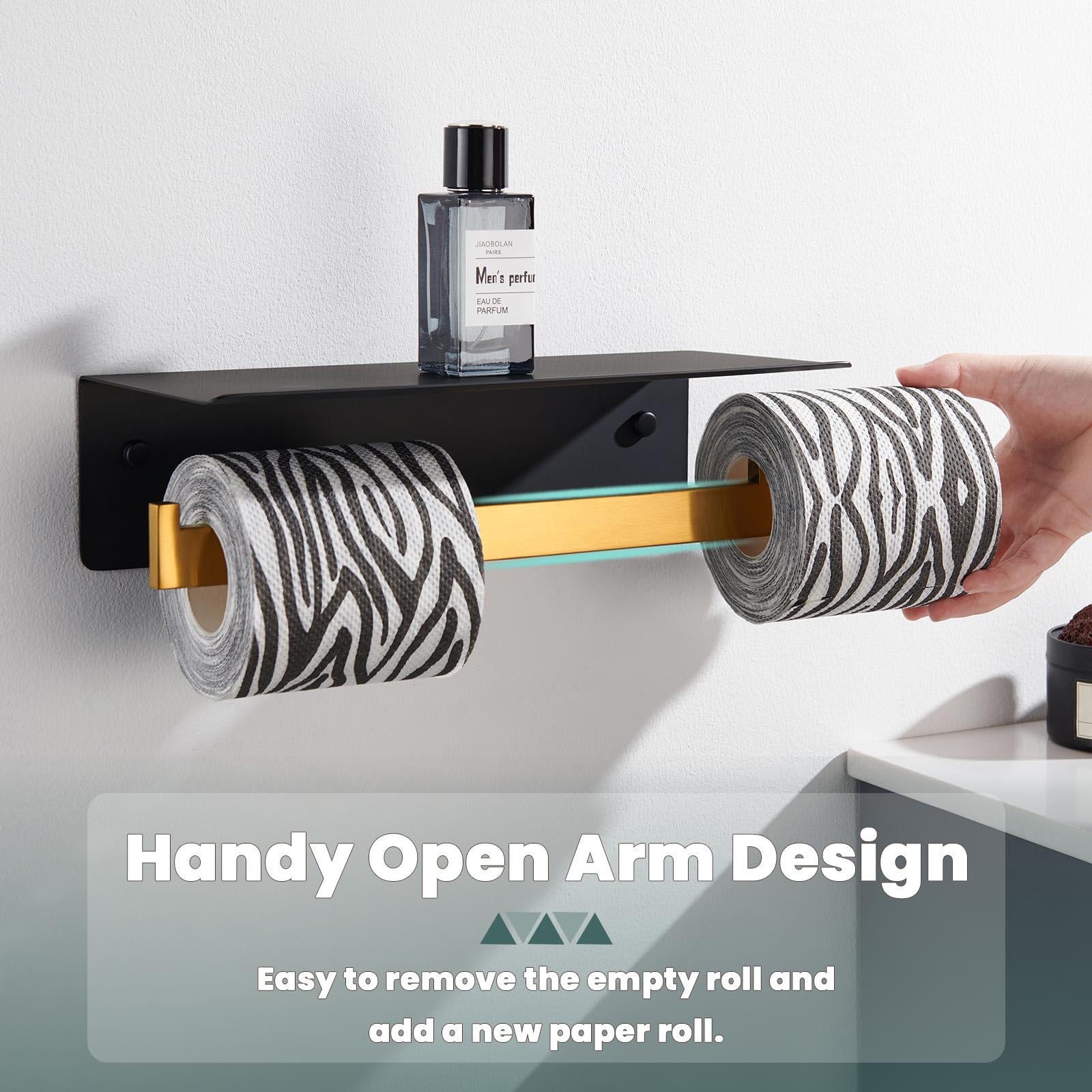 Black & Gold Toilet Paper Holder With Shelf, Suyar 304 Stainless Steel Double Toilet Tissue Roll Holder With Phone Storage Shelf