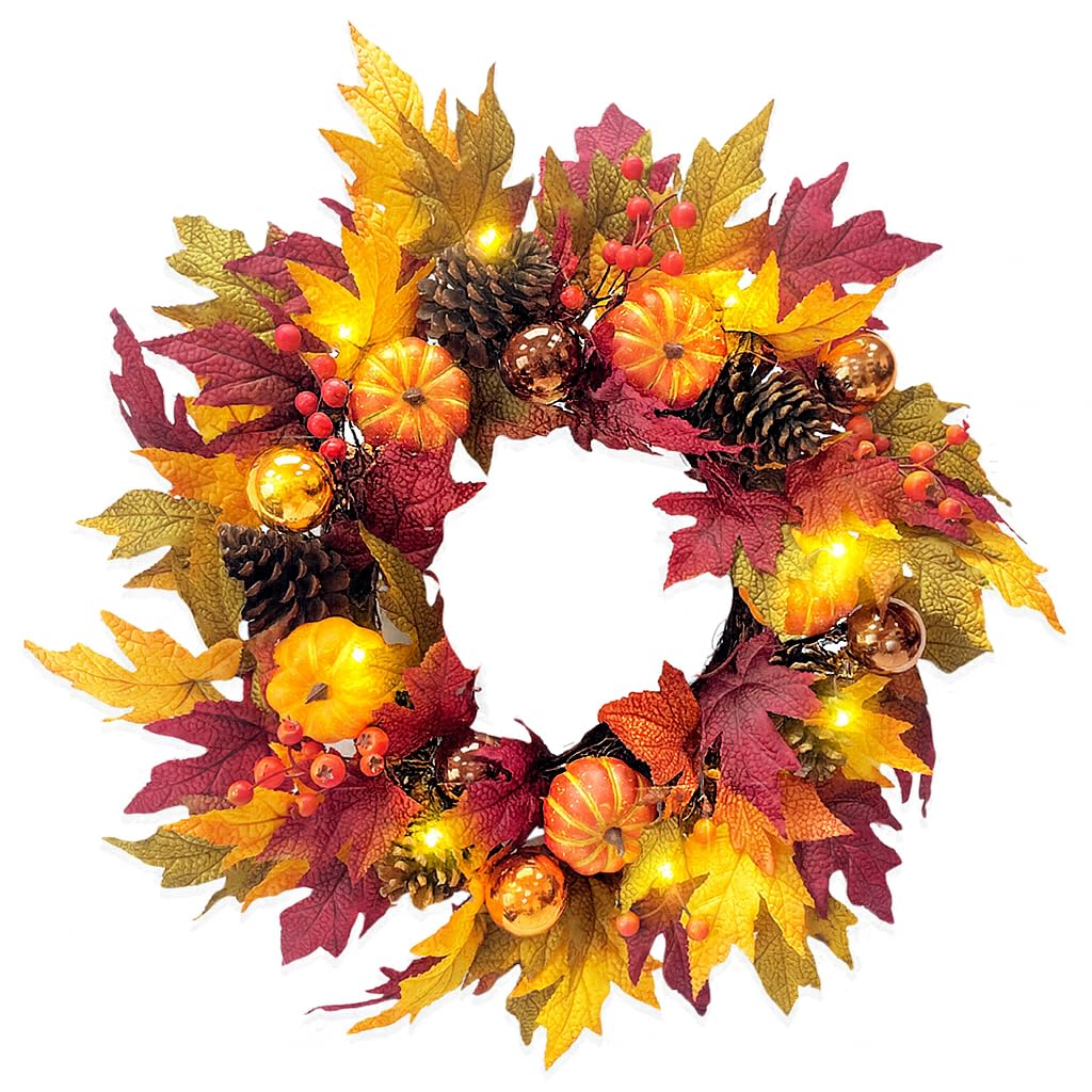 24 Fall Wreath with Pumpkins, Maple Leaves & Timer LED Lights - Autumn Front Door Wreath with Removable Cat Decor, Thanksgiving