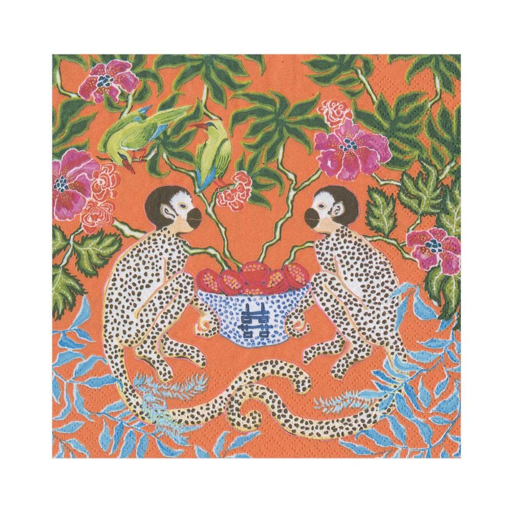 Caspari Monkeys Paper Luncheon Napkins In Orange - Two Packs Of 20