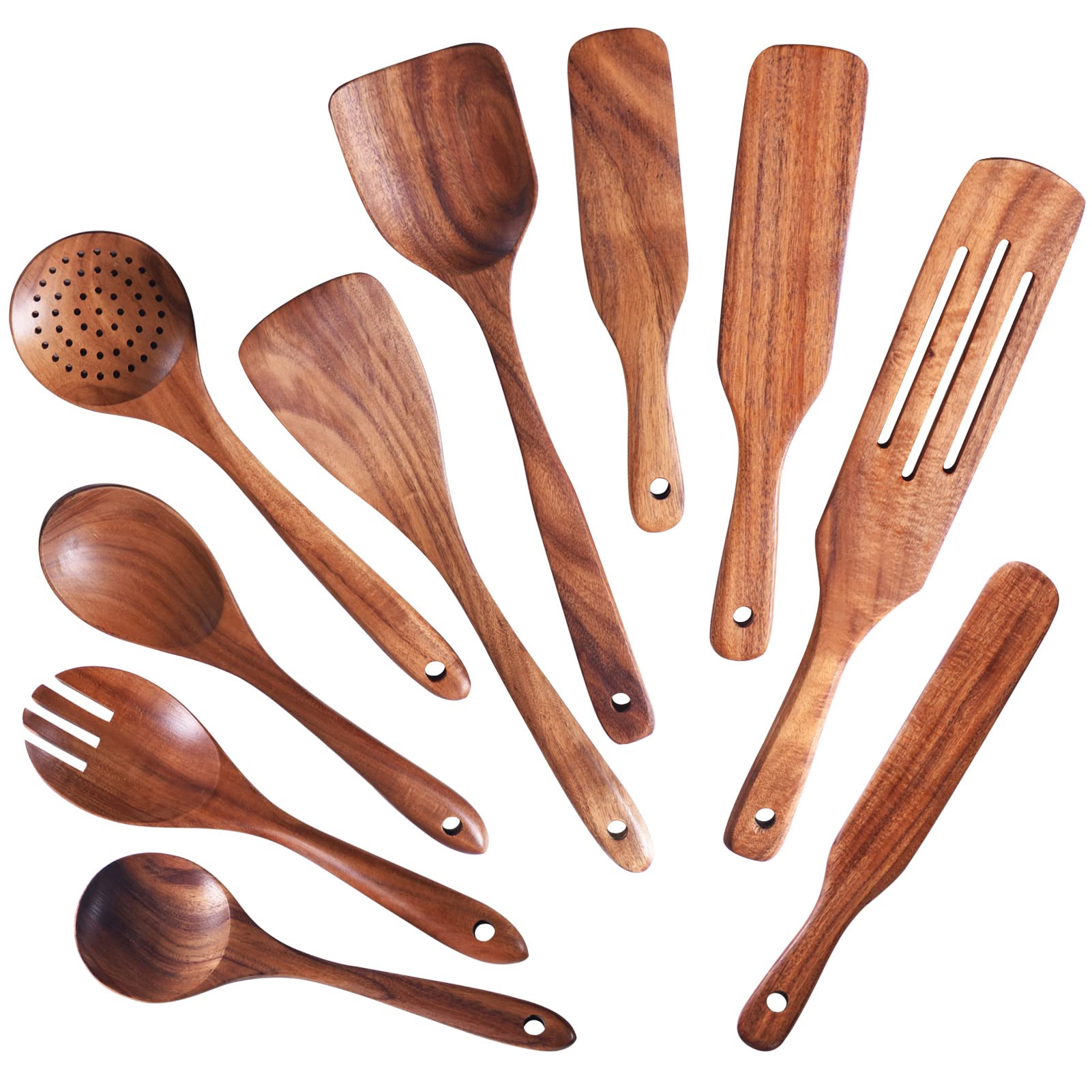 Wooden Spoons for Cooking,GUDAMAYE 10 PCS Wooden Kitchen Utensils Set,Wooden Cooking Utensils For Non-stick Pan,Teak Wood Utensi