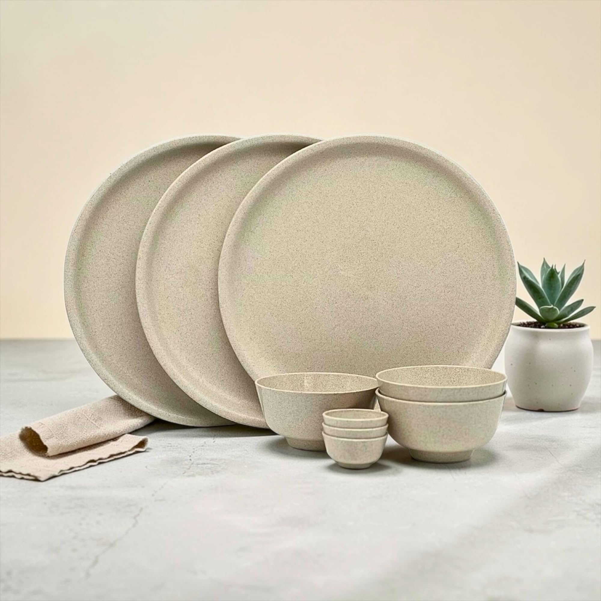 Happy Cove Husk Eco Friendly 10 Inch Solid Dinner Plates | Rice Husk And Bamboo Fibre | Set Of 3 With 3 Bowls (200Ml) And 3 Sauc